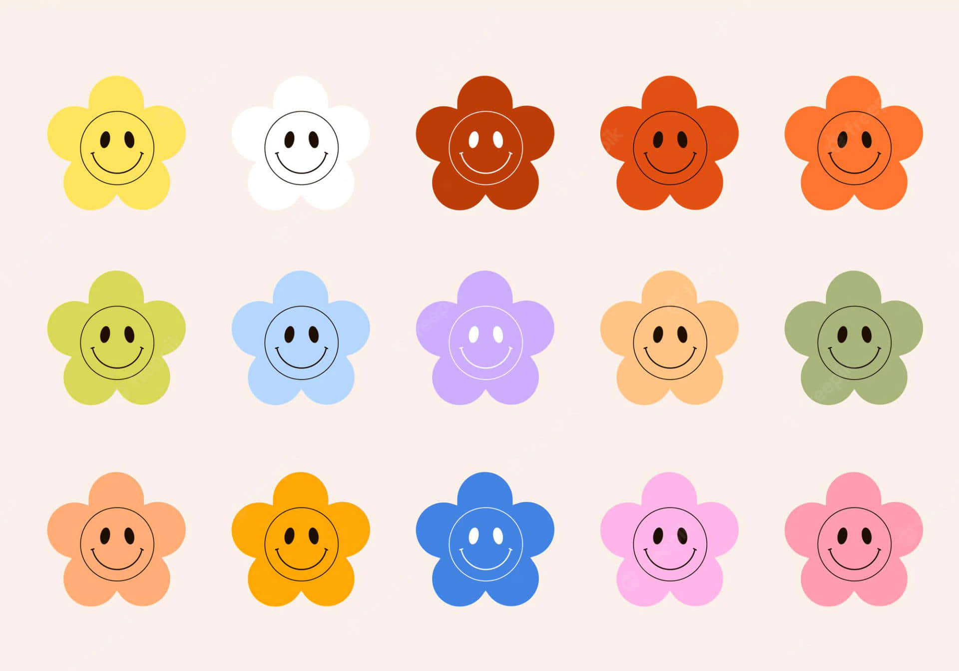colorful smiling flowers array, pastel tones, soft pink background, Full HD Desktop Wallpaper
