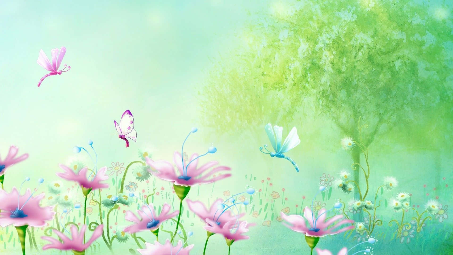 pastel spring flowers, pink flowers, soft green meadow, Full HD Desktop Wallpaper