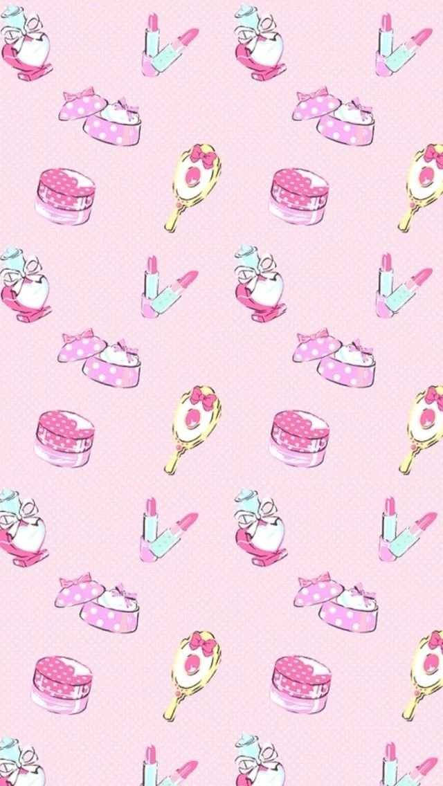 pastel pink, repeating cartoon makeup items, lipsticks, SD Phone Wallpaper