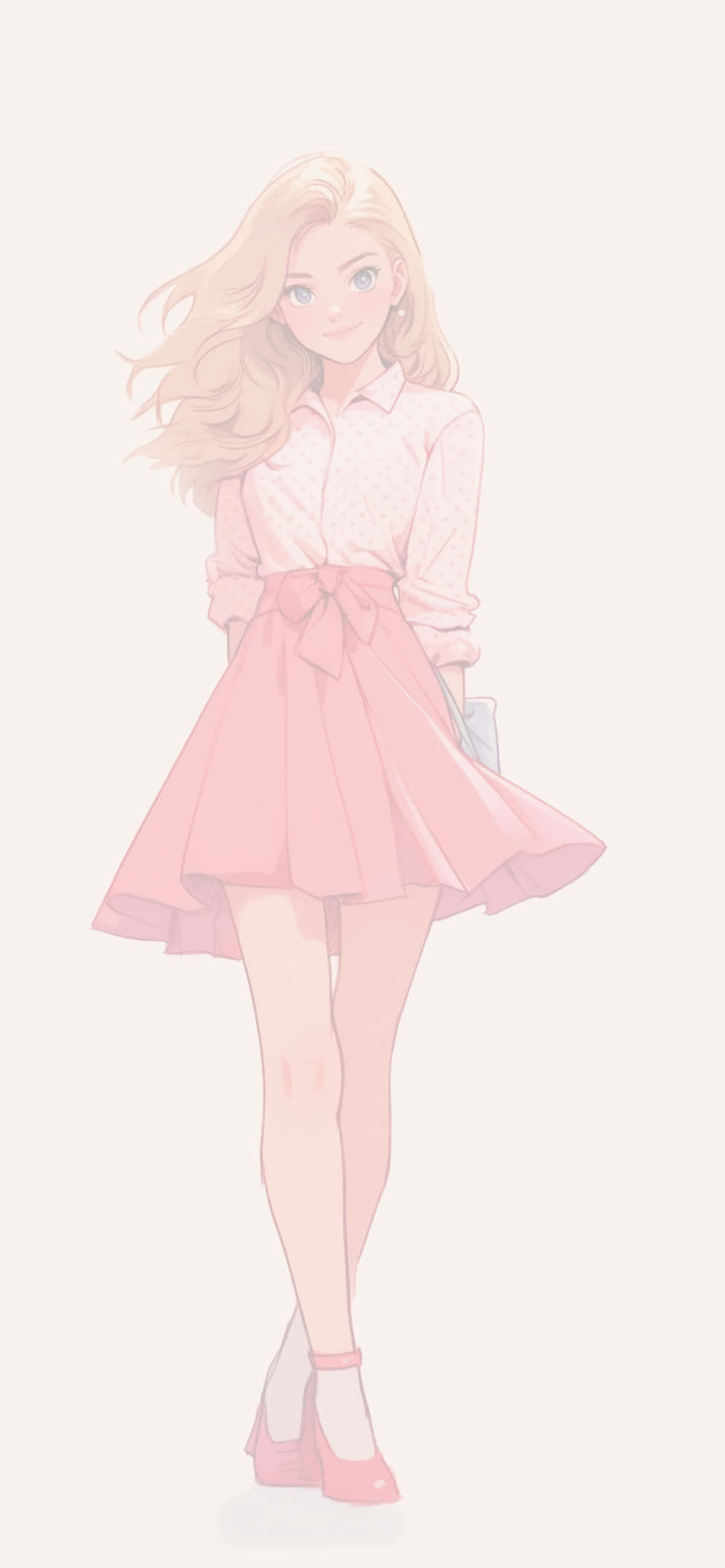 pink polka dot shirt, matching skirt with a bow, pink heels, 2K Phone Wallpaper