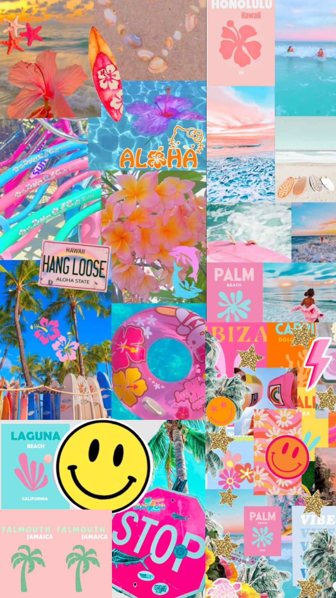 tropical preppy collage aesthetic, palm trees, hibiscus flowers, Full HD Phone Wallpaper