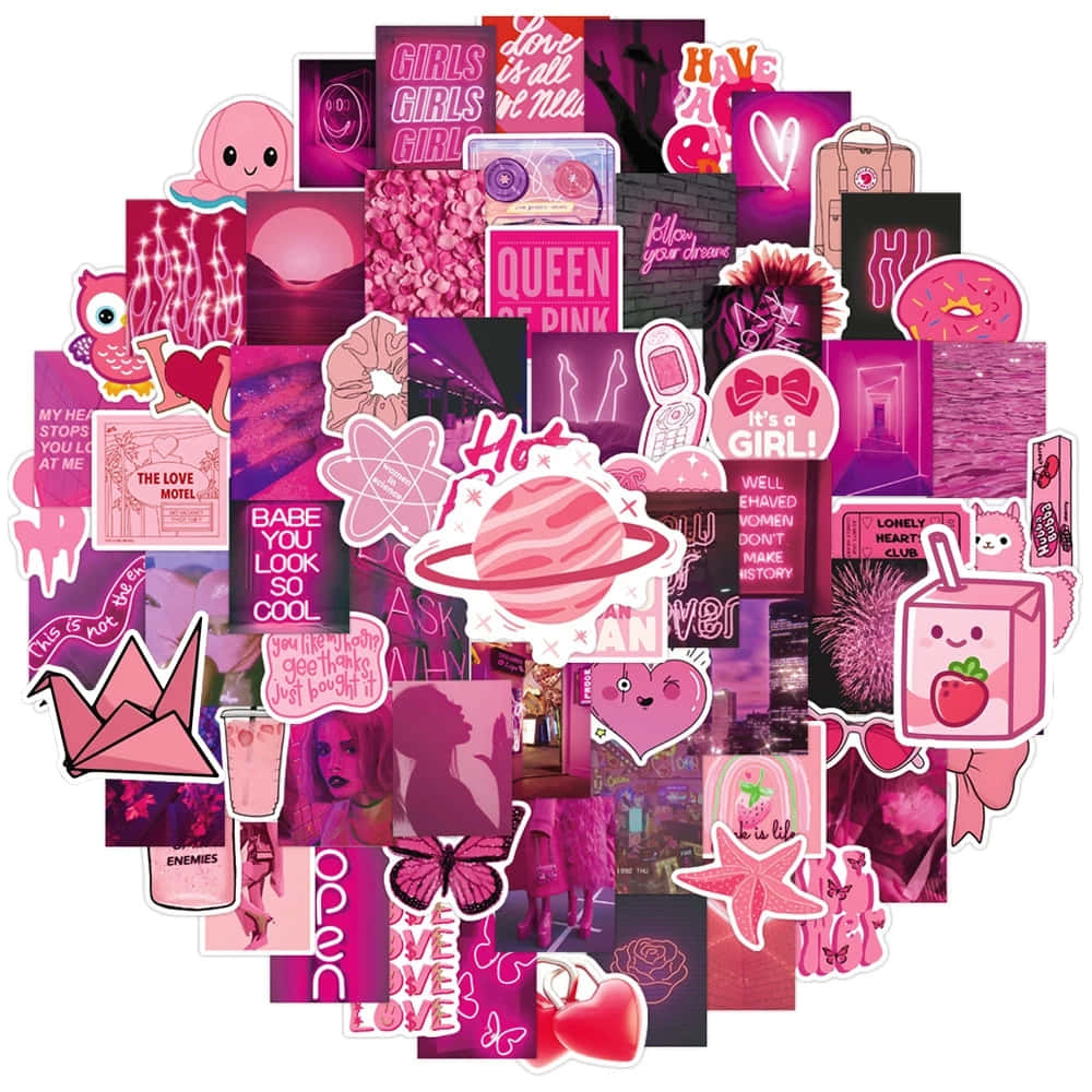 pink collage aesthetic, heart-shaped collage, pink and purple stickers, SD Desktop Wallpaper