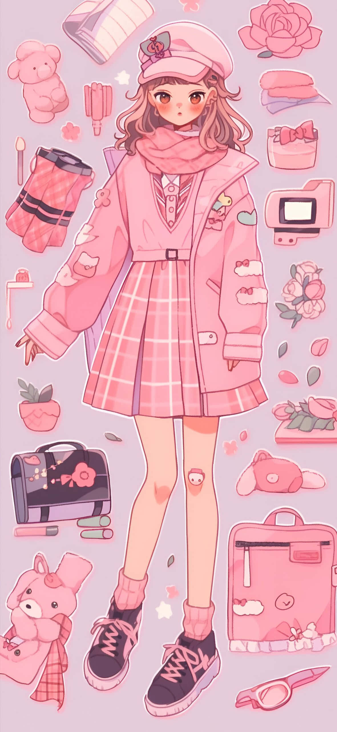 pink plaid school uniform, cap, floating pink accessories, 2K Phone Wallpaper