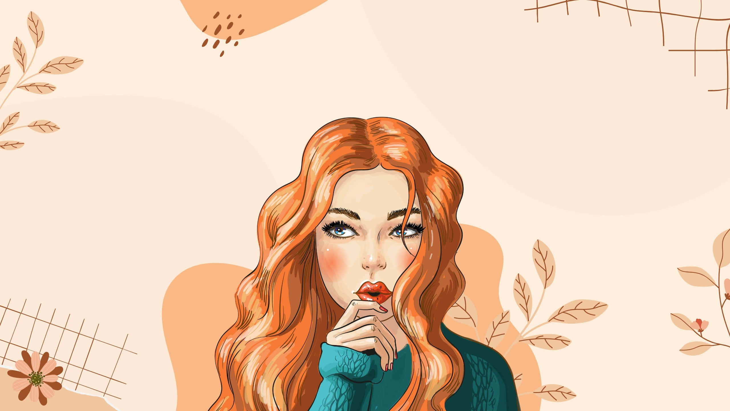 Preppy Girl, autumn leaves, teal sweater, 2K Desktop Wallpaper