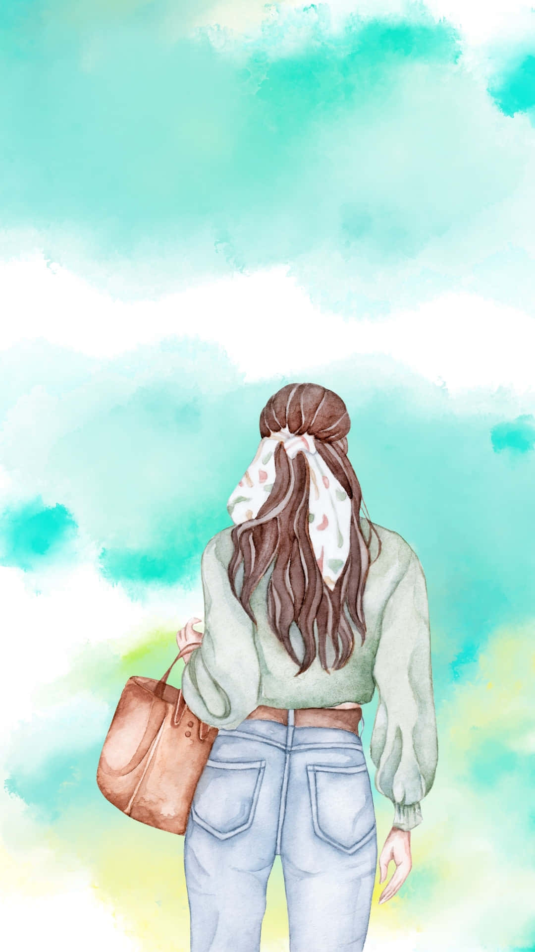 Preppy Girl, watercolor illustration, long brown hair, Full HD Phone Wallpaper