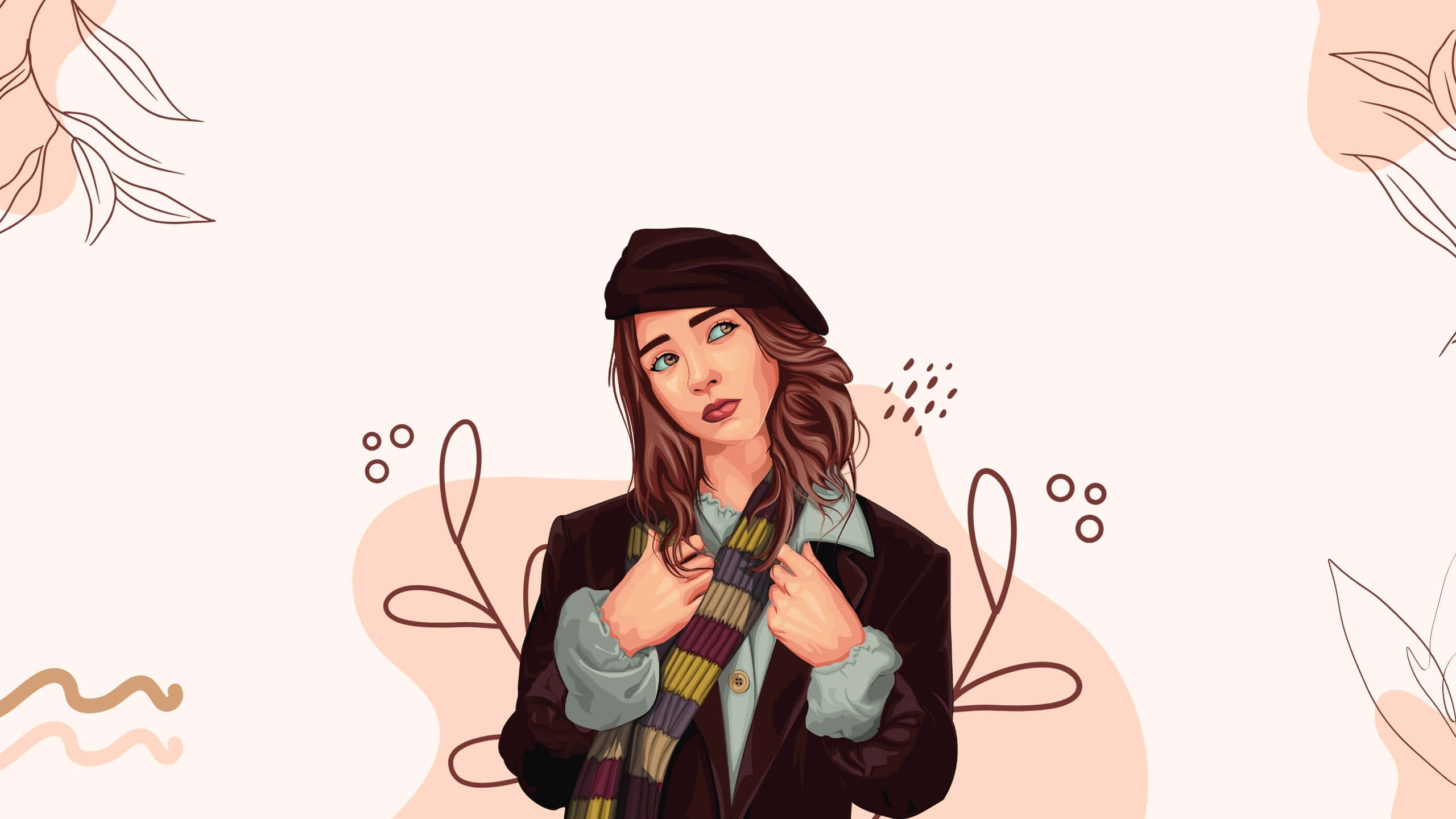 beret, coat, colorful striped scarf, 2K Desktop Wallpaper