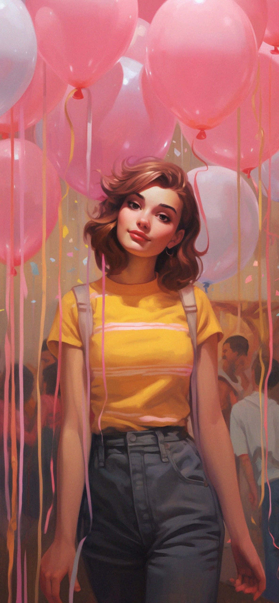 Preppy Girl, pink balloons, yellow shirt, 2K Phone Wallpaper