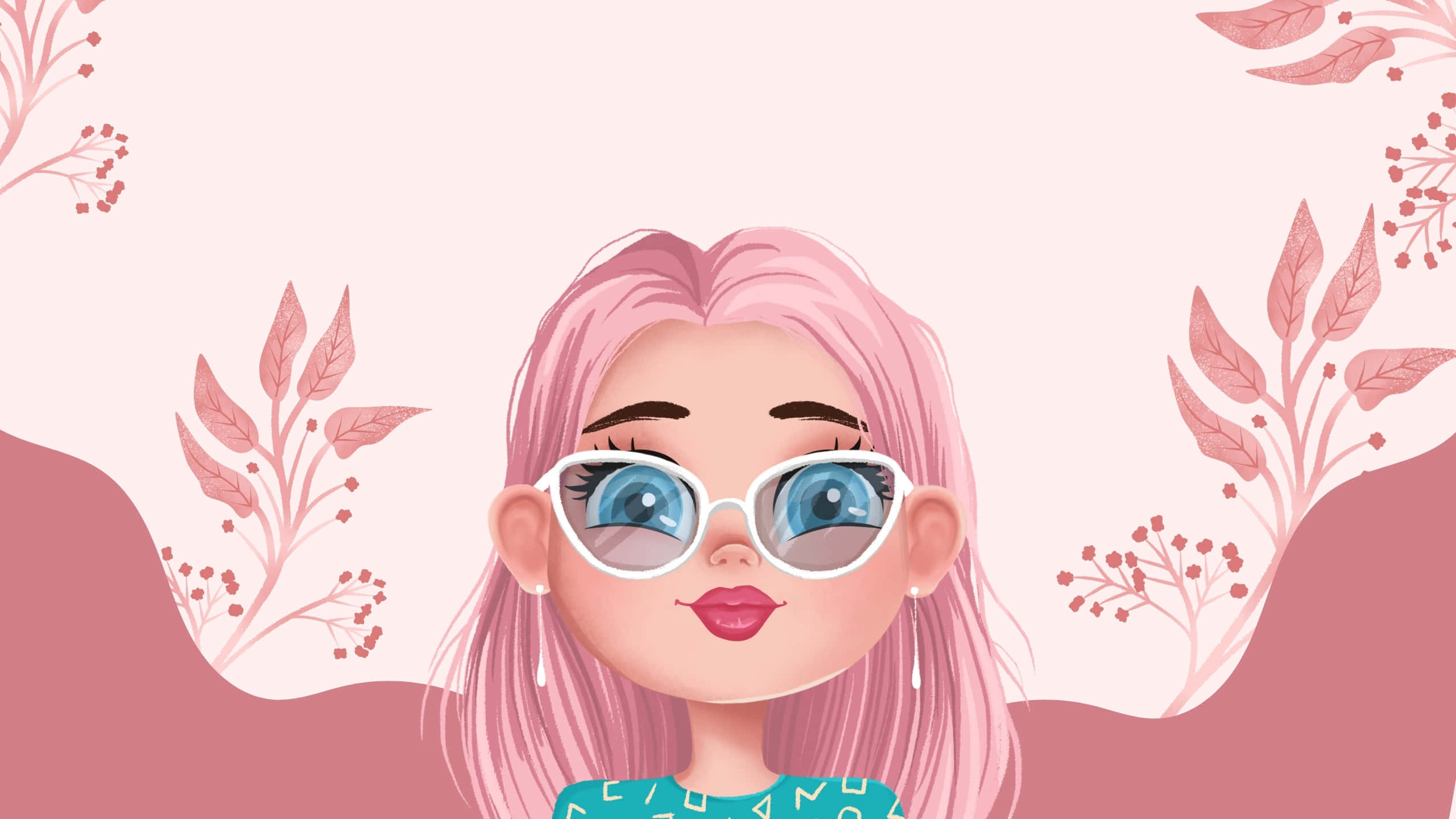 Stylish Preppy Girl Cartoon Character, pink hair, white glasses, 2K Desktop Wallpaper