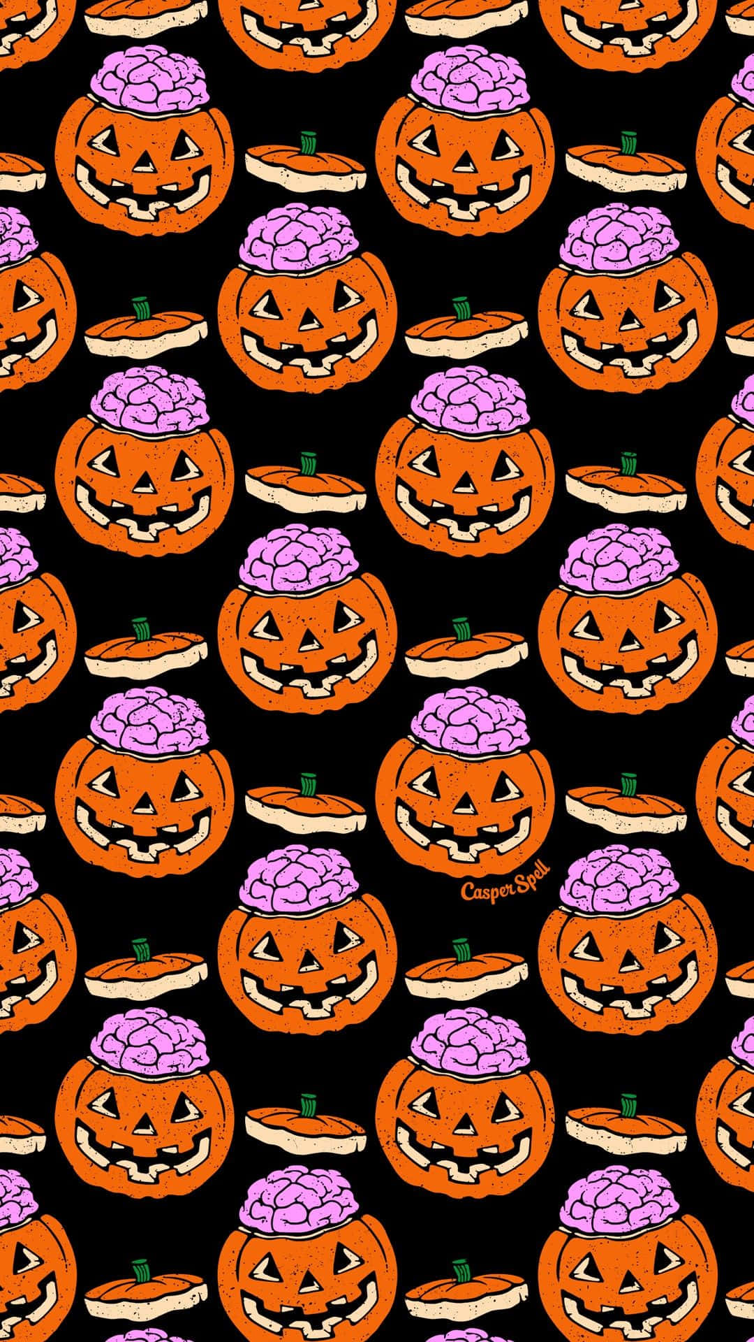 Preppy Pumpkin Brains Halloween Pattern, orange jack-o'-lanterns, purple brains, Full HD Phone Wallpaper