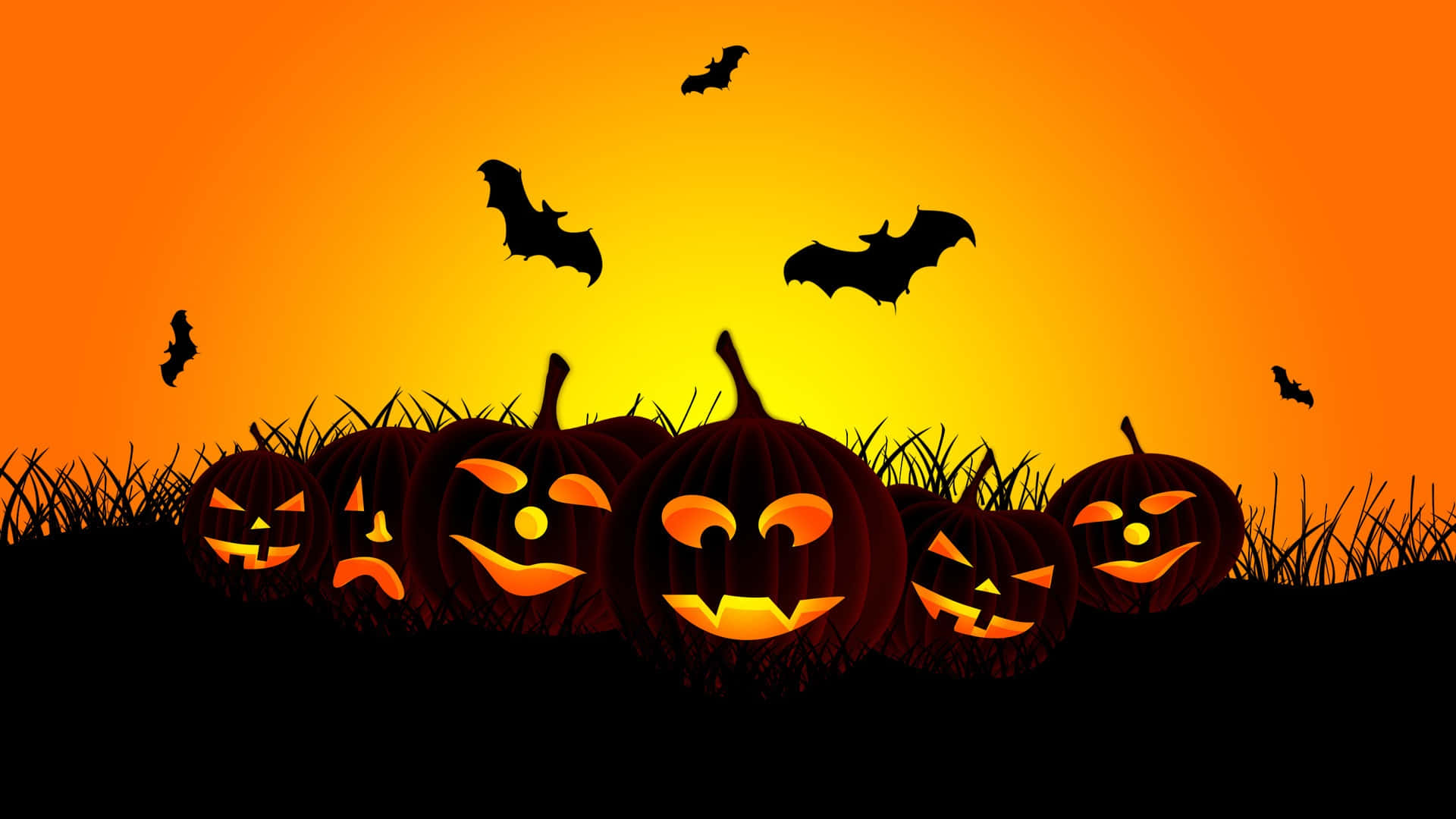 jack-o'-lanterns, orange sunset sky, bats, Full HD Desktop Wallpaper
