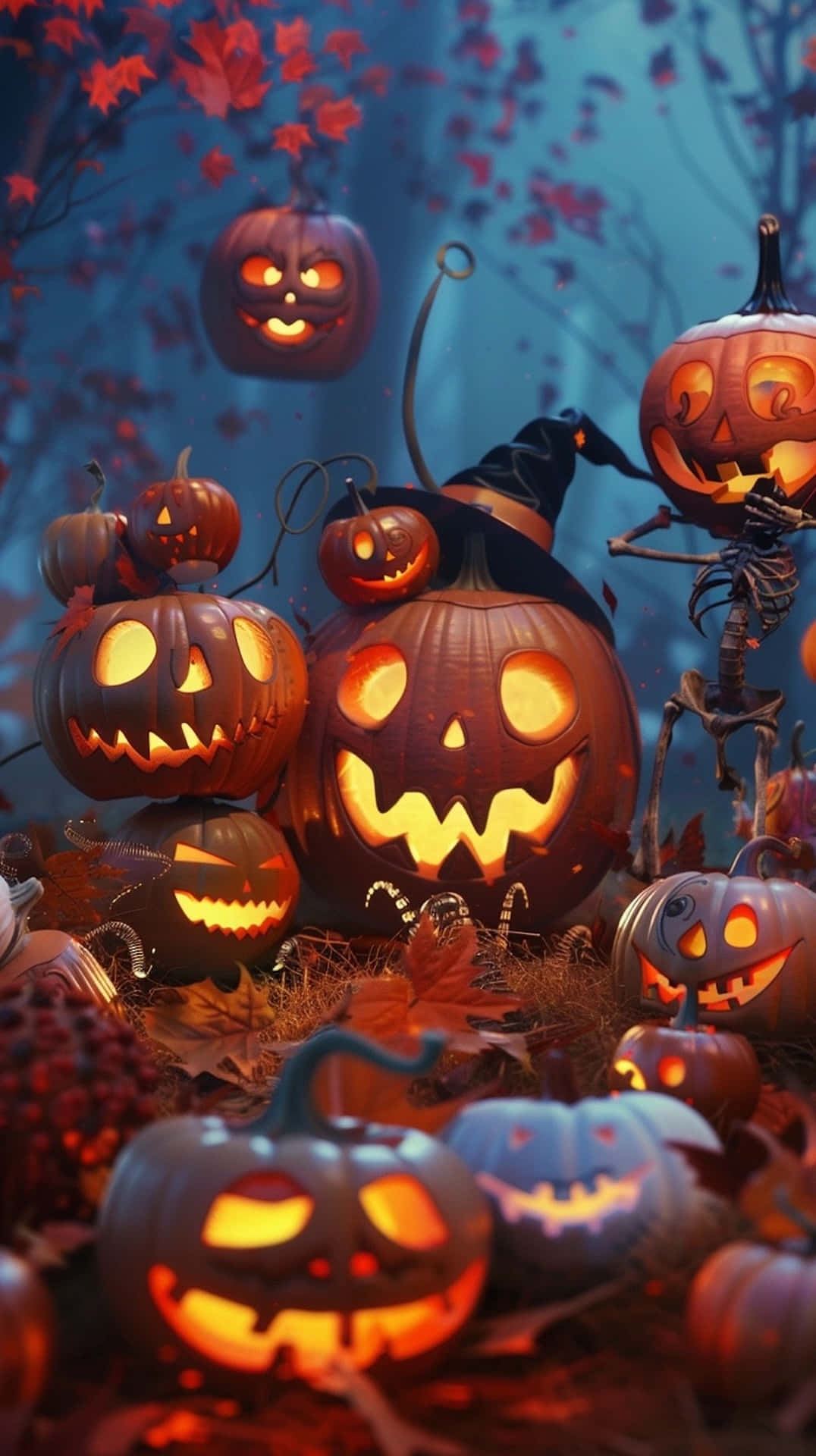 enchanted halloween pumpkin patch, glowing jack-o'-lanterns, sharp grins, Full HD Phone Wallpaper