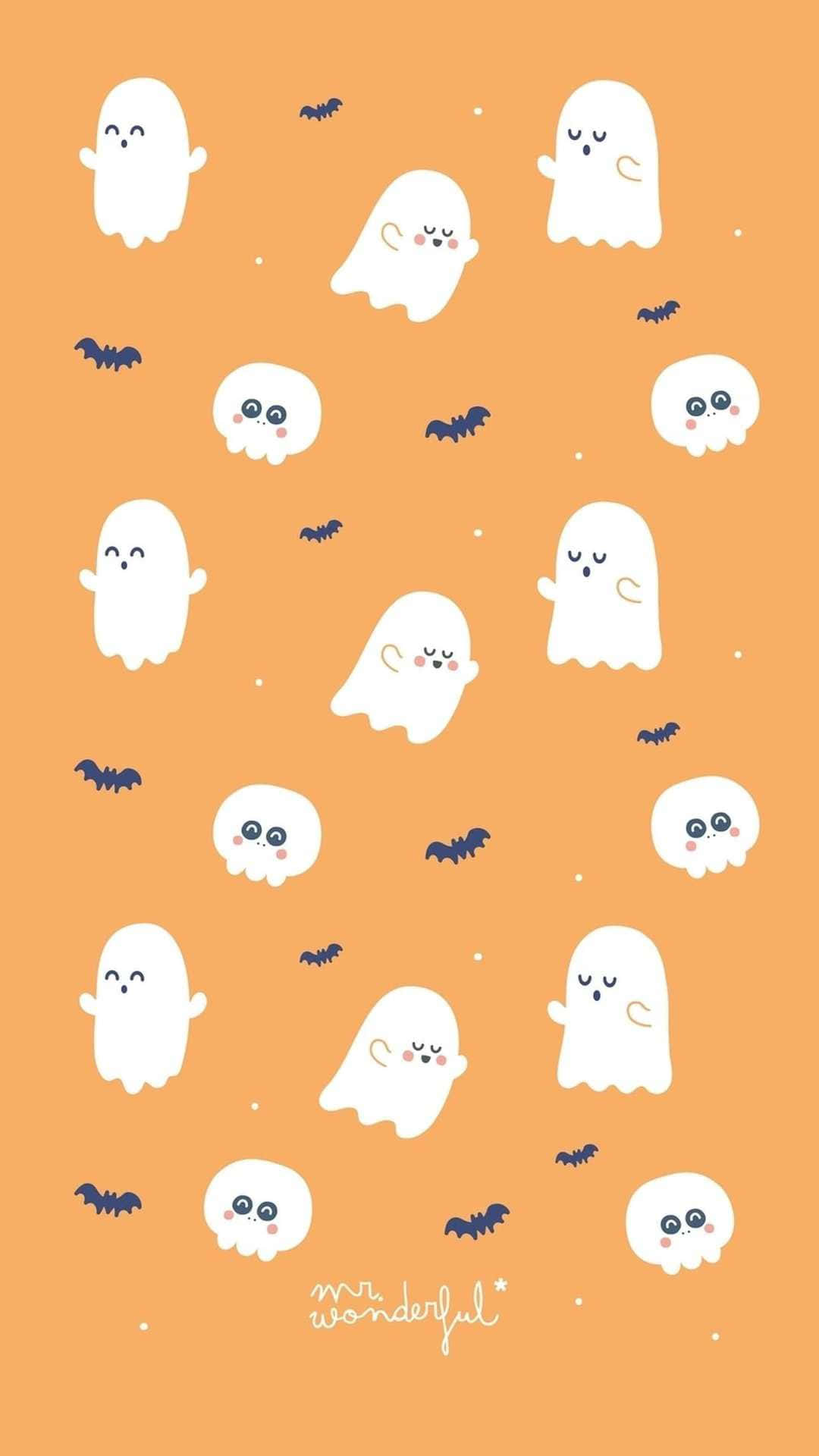 cute ghosts and bats halloween pattern, white cartoon ghosts, small bats, Full HD Phone Wallpaper