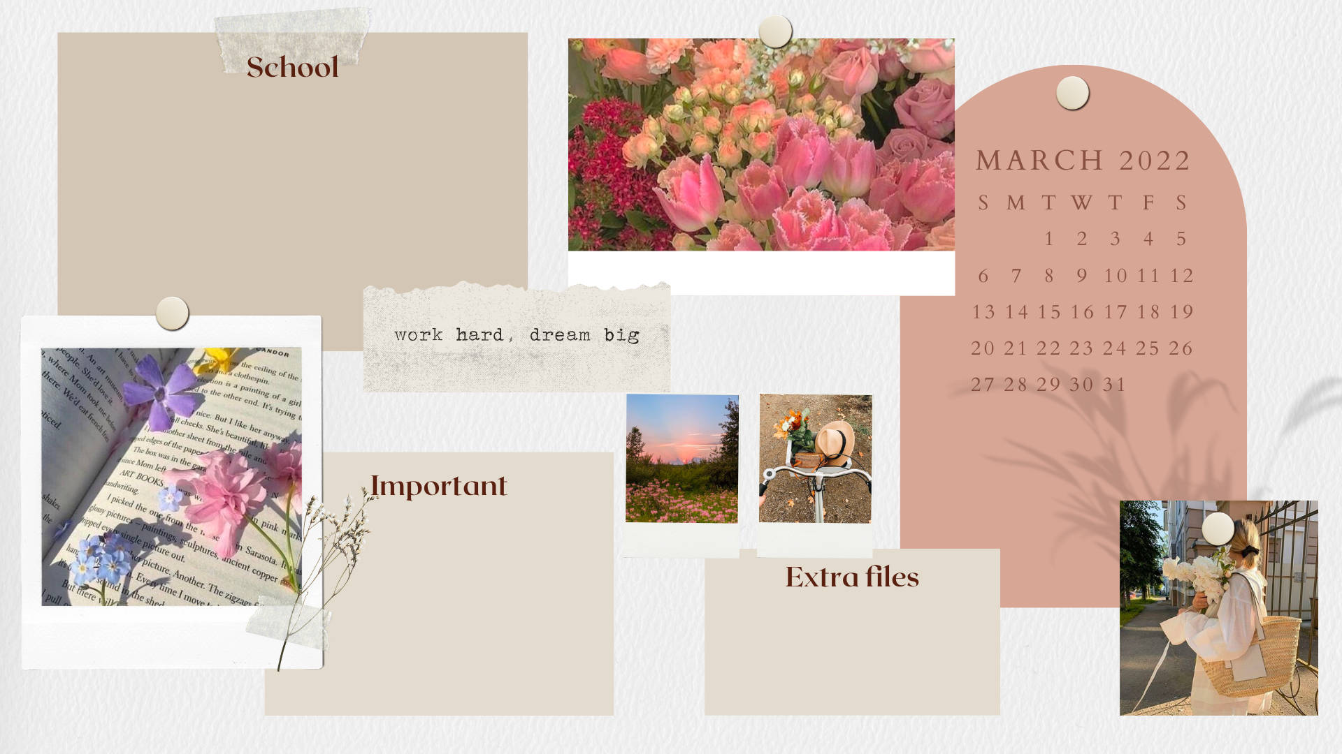 sleek preppy laptop, refurbished wooden table, pastel-toned collage, Full HD Desktop Wallpaper