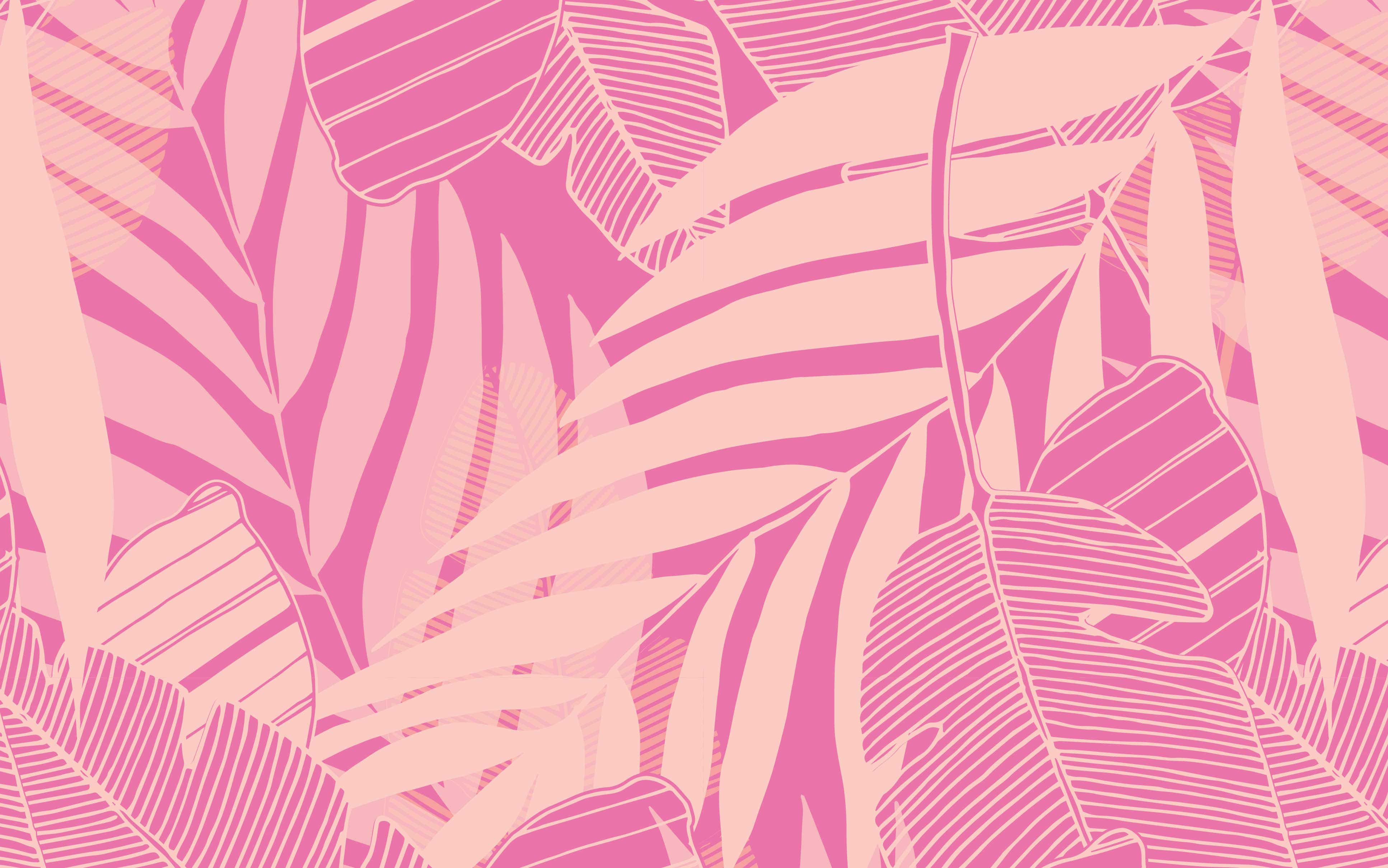 pink laptop, vibrant pink, tropical leaves, 4K Desktop Wallpaper