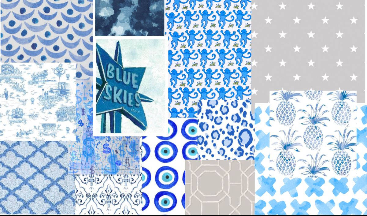 blue themed preppy pfp collage, blue and white wallpaper patterns, stars, SD Desktop Wallpaper