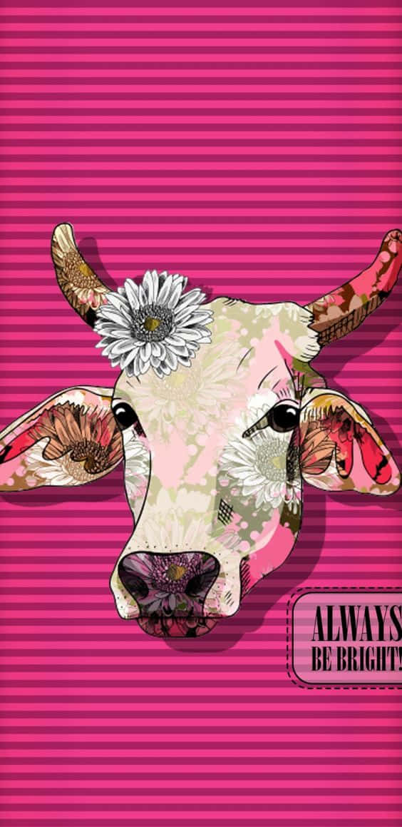 Pink Striped Floral Cow Artwork, floral patterns, vibrant pink striped background, SD Phone Wallpaper