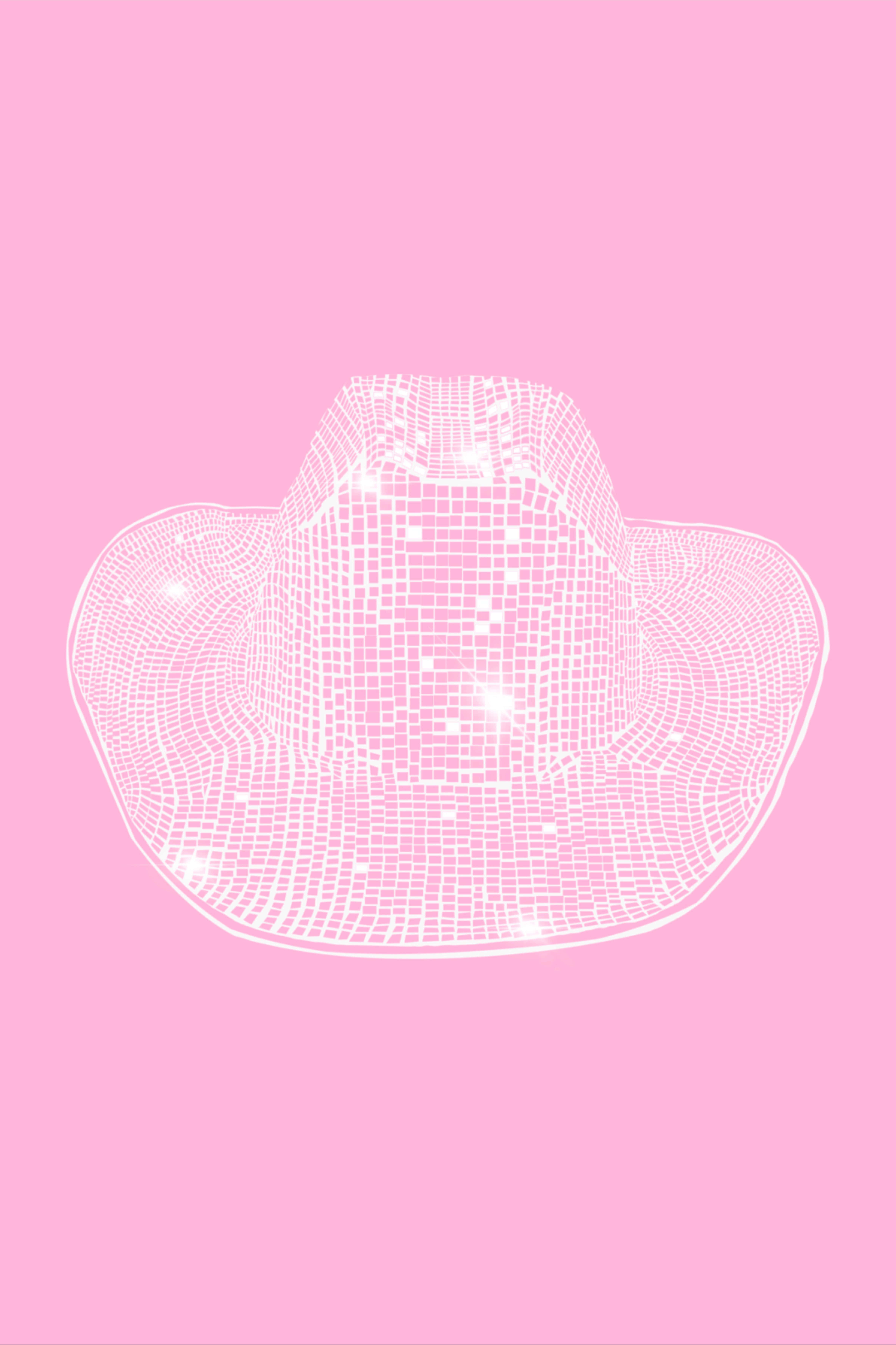 pink cowgirl hat, white wireframe cowboy hat, glittering grid texture, 5K Phone Wallpaper