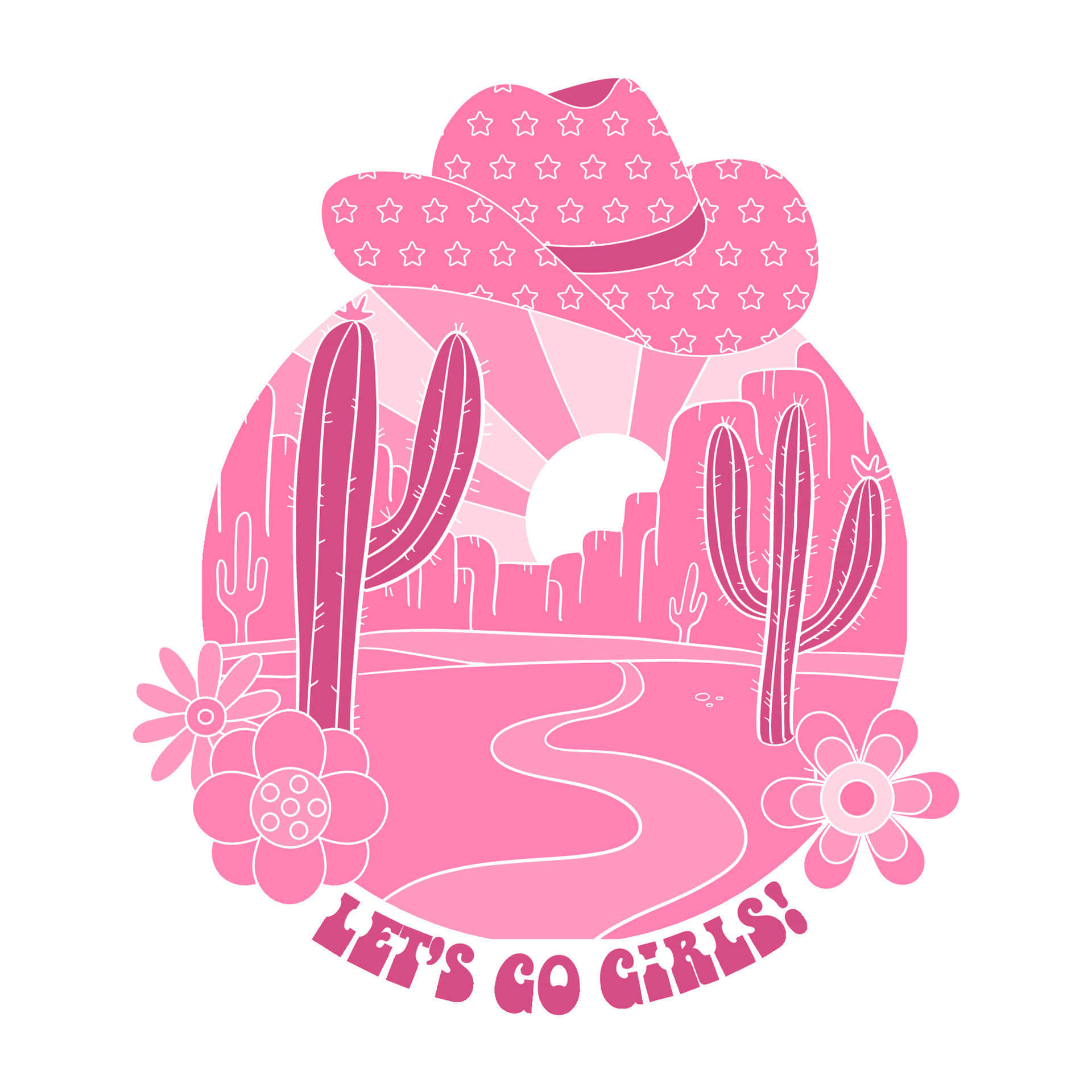 Preppy Pink Cowgirl Aesthetic, pink cartoon desert scene, cacti flowers, Full HD Desktop Wallpaper