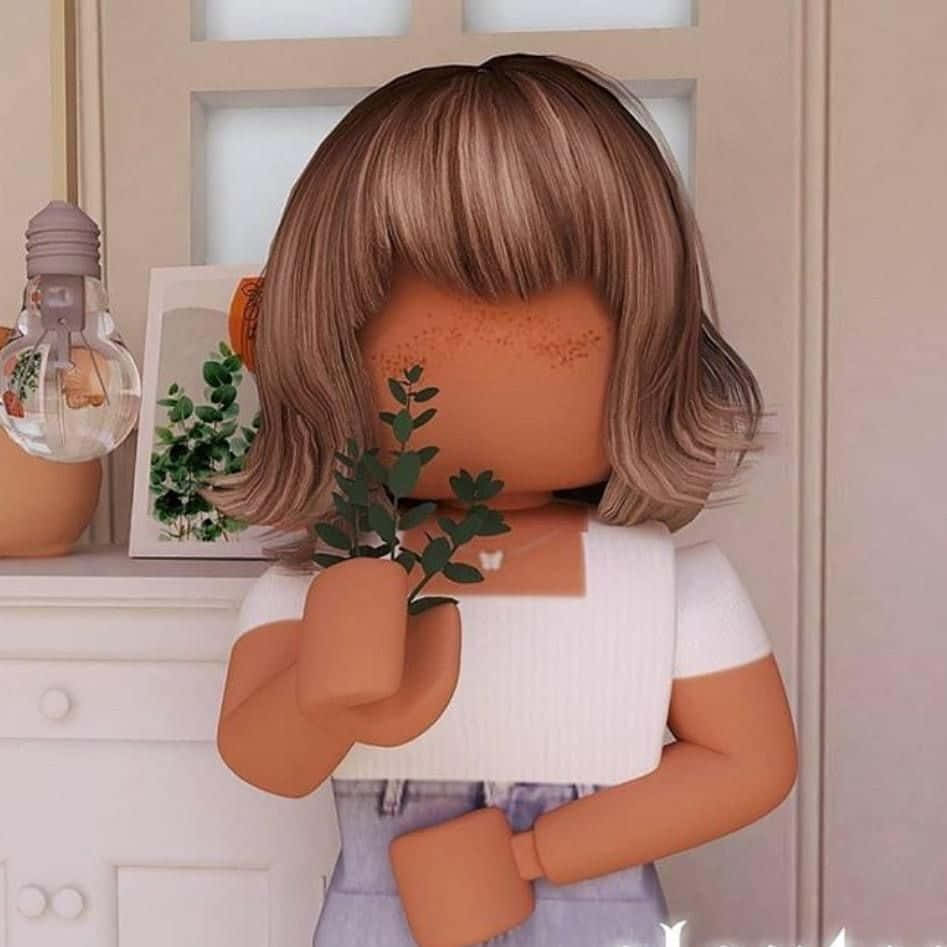Roblox-style girl, brown hair, green leaves, SD Desktop Wallpaper