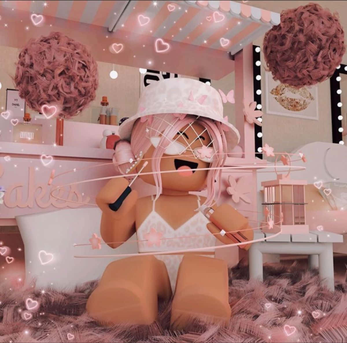 Preppy Roblox, pink hair, white hat, SD Desktop Wallpaper
