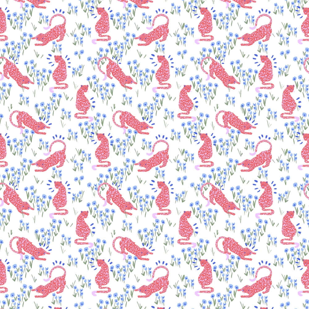 Roller Rabbit, pink dotted cats, blue flowers, SD Desktop Wallpaper