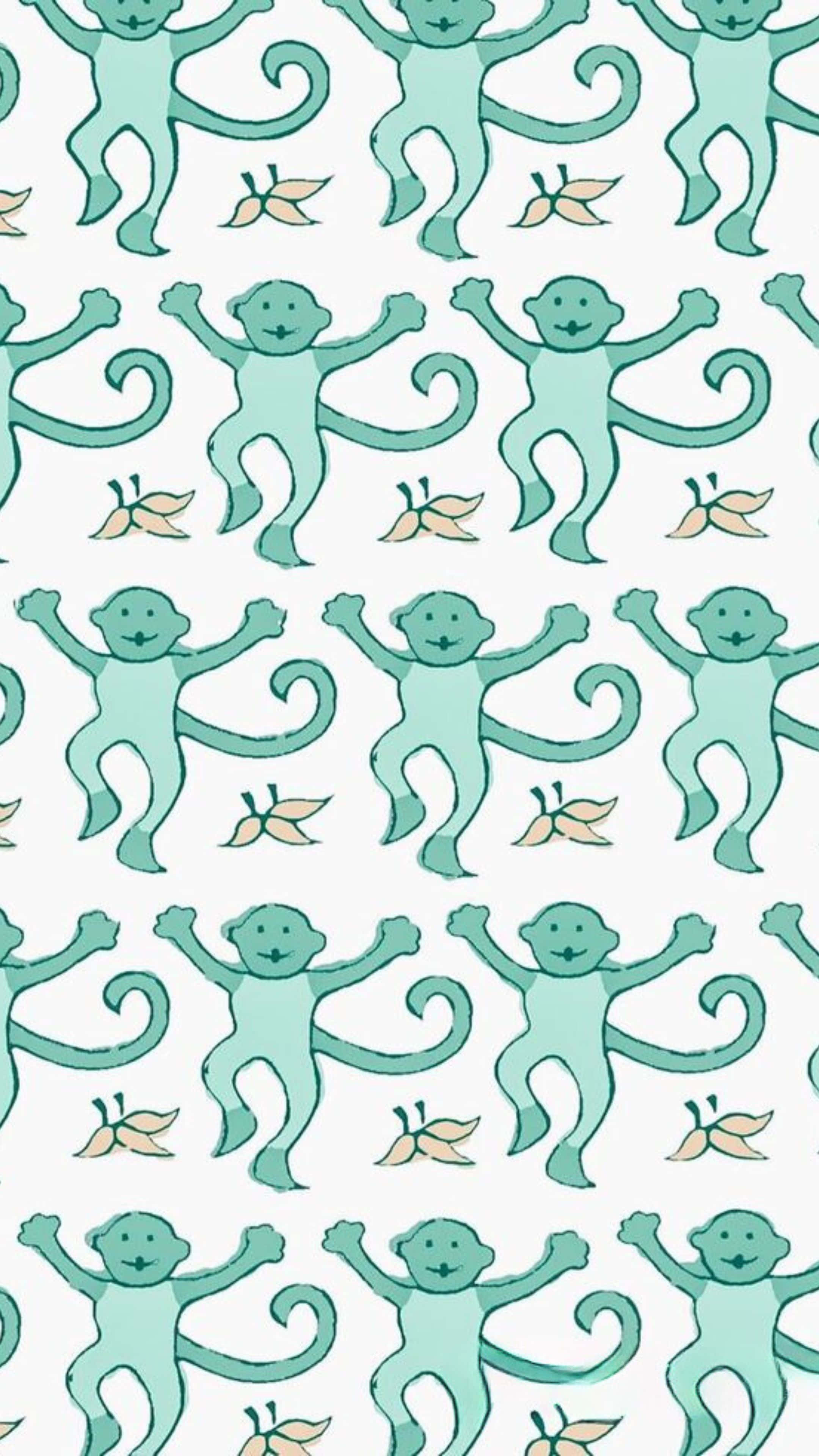 Preppy Roller Rabbit, monkey pattern, teal cartoon monkeys, 4K Phone Wallpaper
