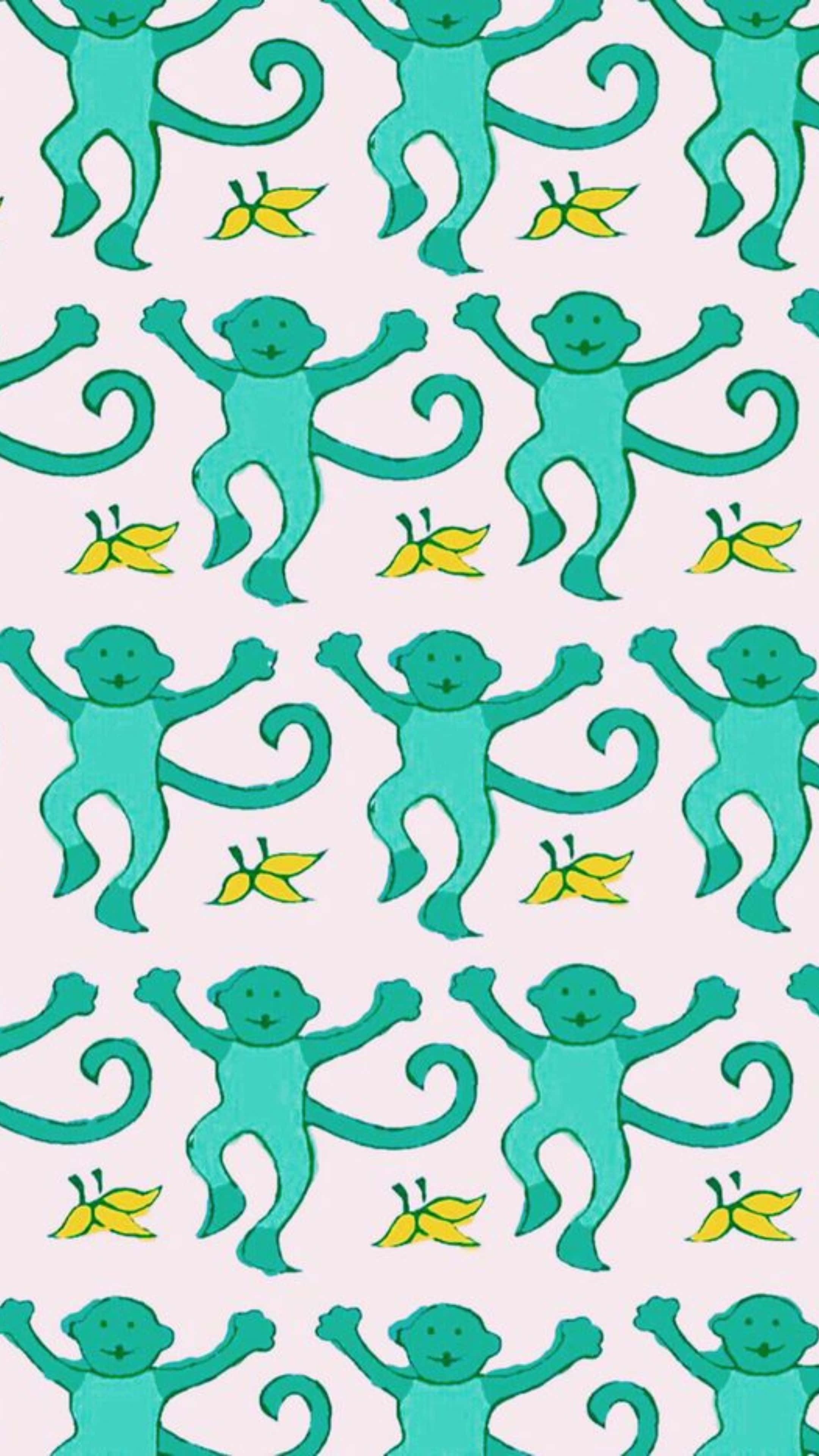 Preppy Roller Rabbit, monkey pattern, teal cartoon monkeys, 4K Phone Wallpaper