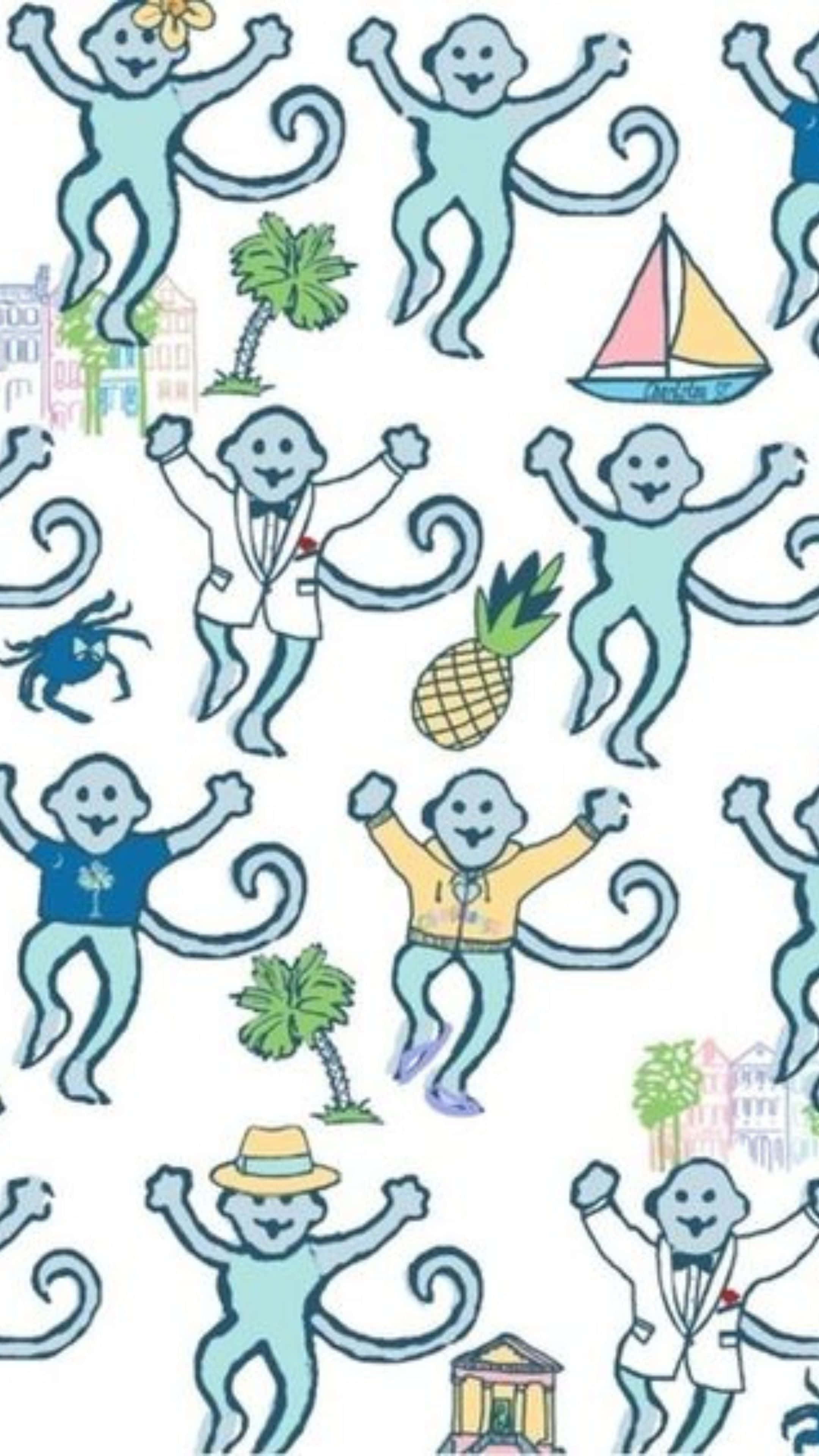 Preppy Roller Rabbit, light blue cartoon monkeys, palm trees, 4K Phone Wallpaper
