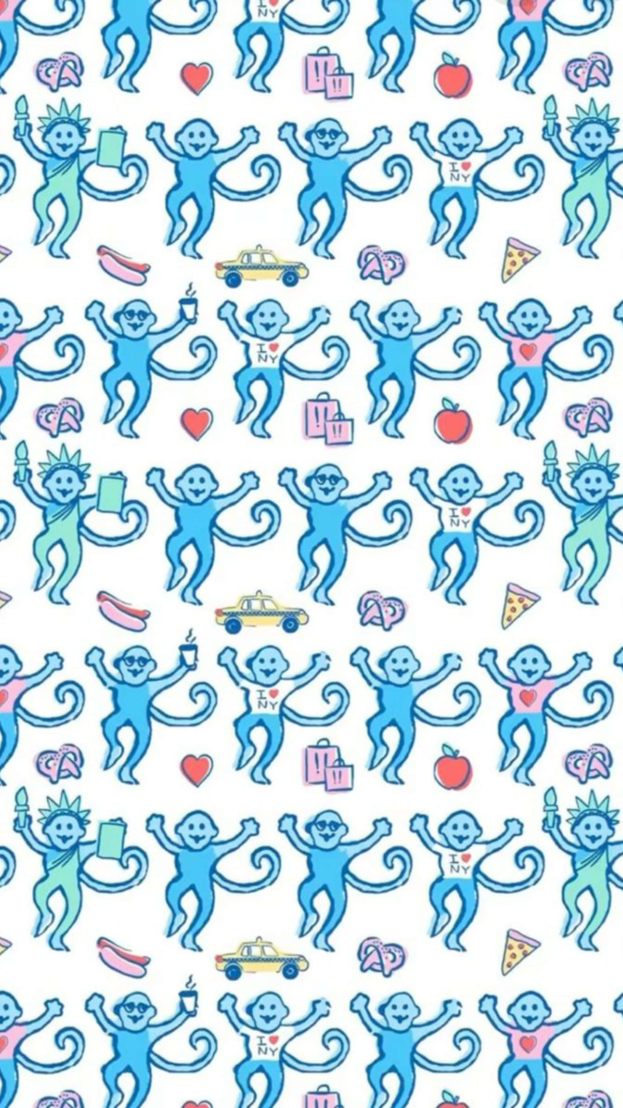 Blue Monkey Pattern, Preppy Roller Rabbit, New York themed poses, 4K Phone Wallpaper