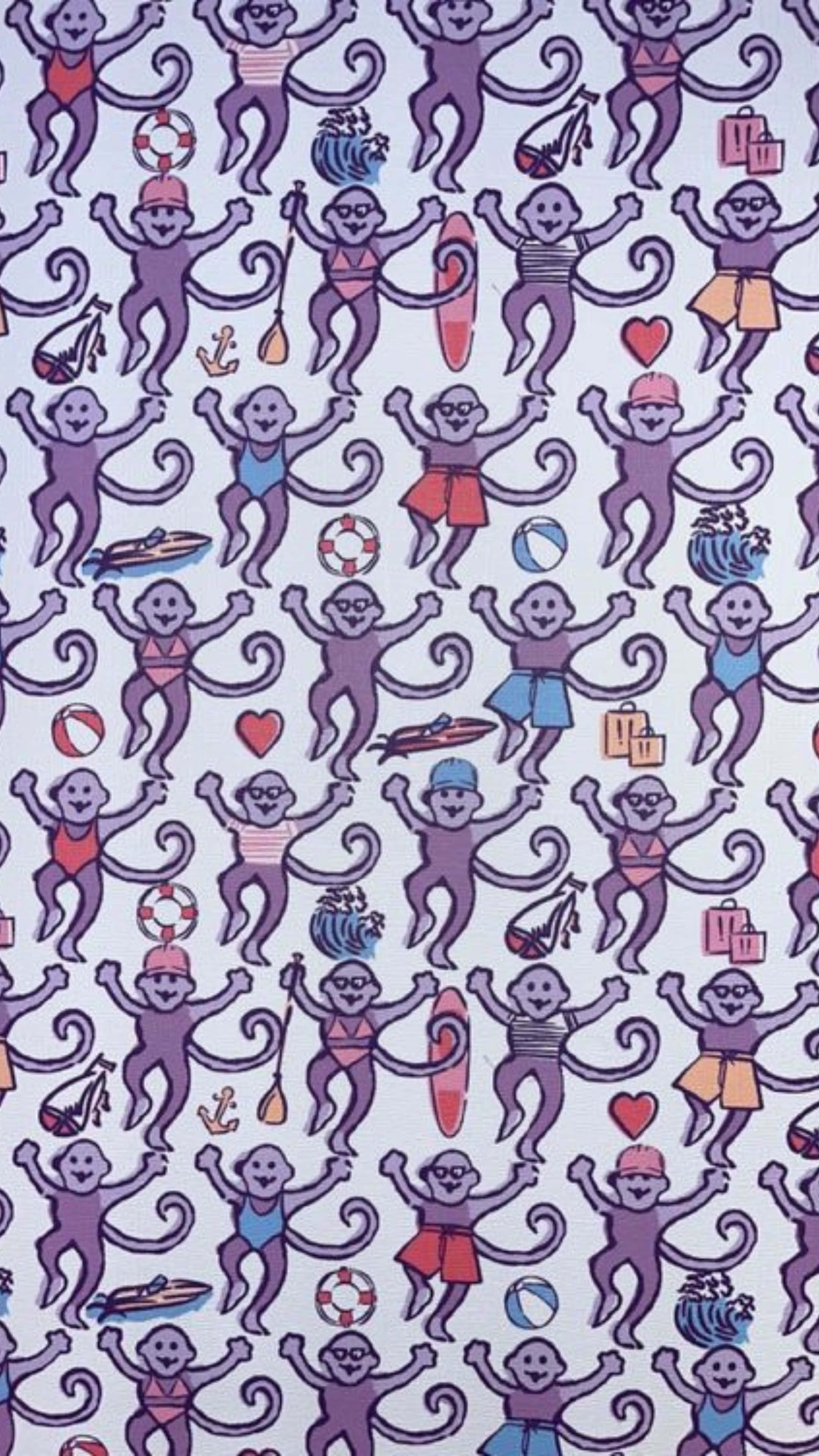 Preppy Roller Rabbit, monkey pattern, purple cartoon monkeys, 4K Phone Wallpaper