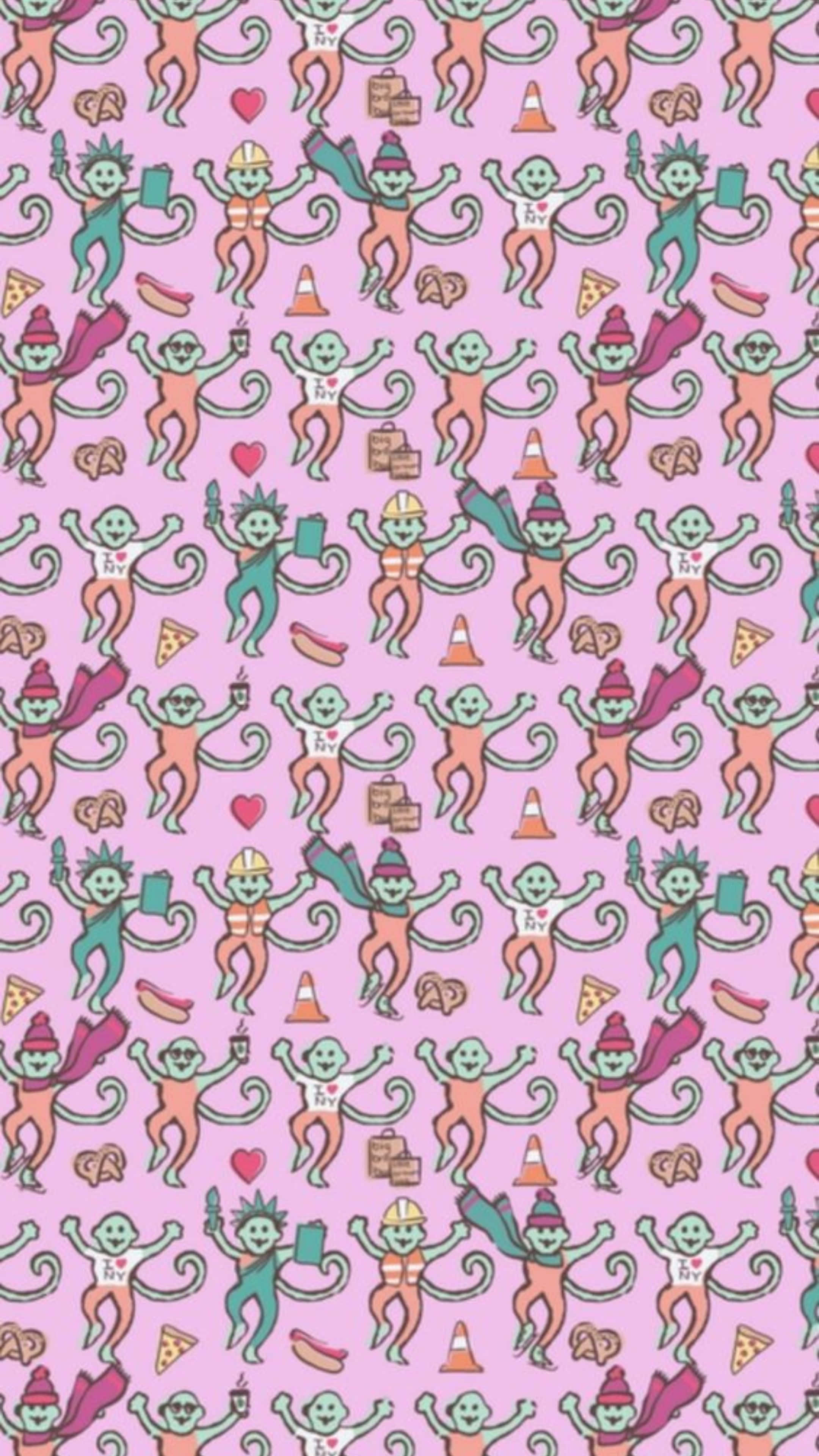 Preppy Roller Rabbit, cartoon monkeys, pink background, 4K Phone Wallpaper