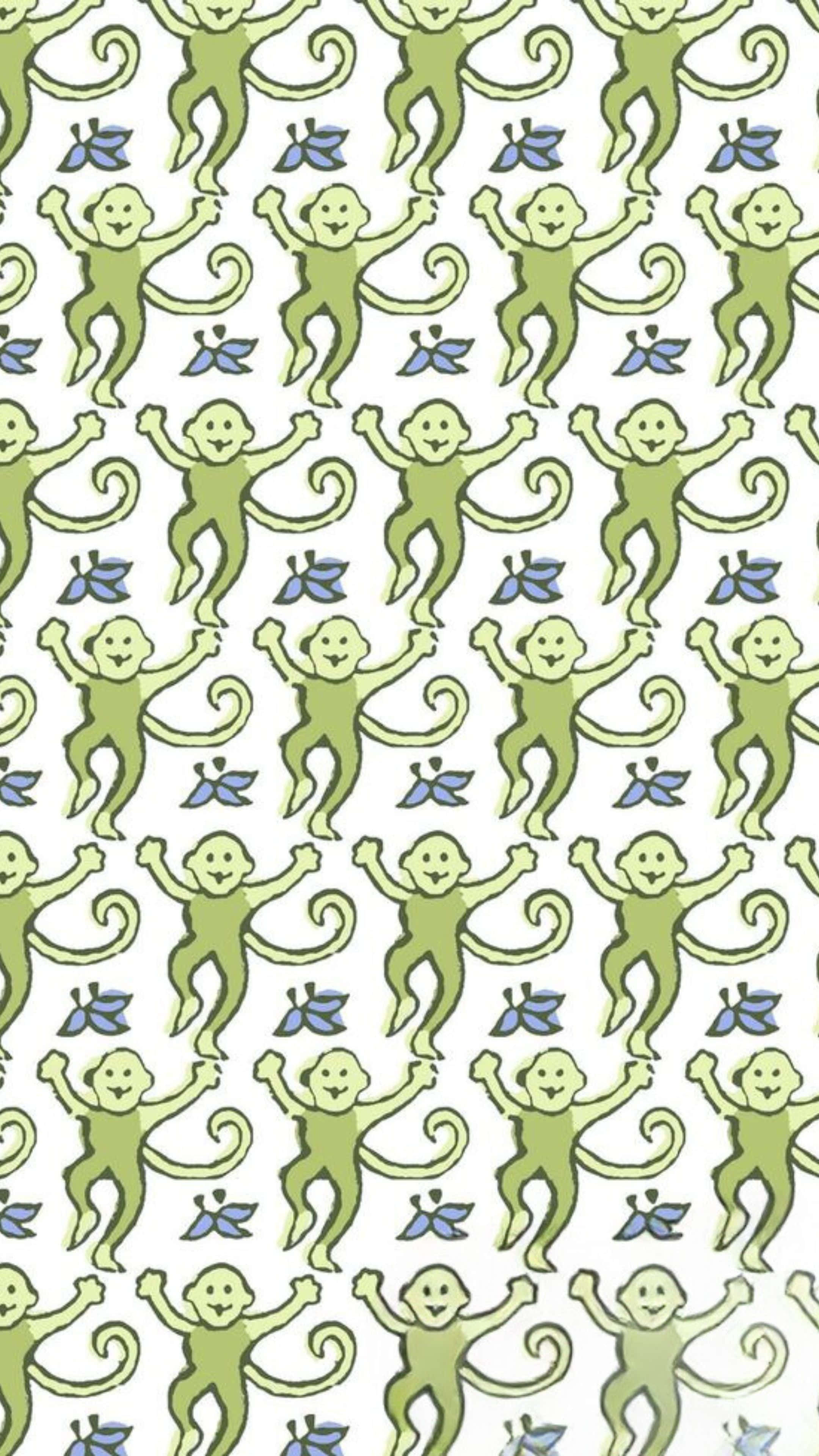 Preppy Roller Rabbit, monkey pattern, green cartoon monkeys, 4K Phone Wallpaper