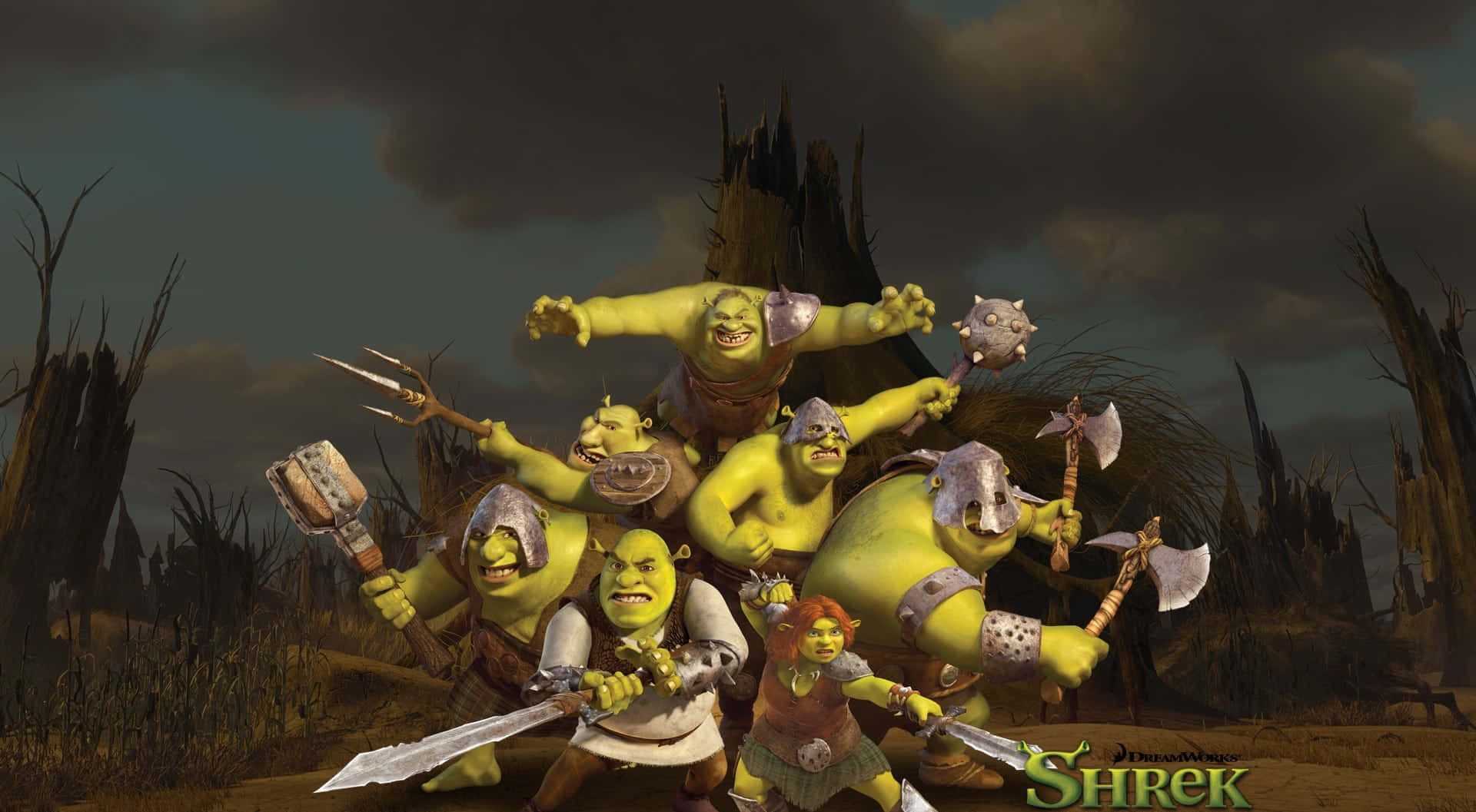 Shrek, green ogres, weapons, Full HD Desktop Wallpaper