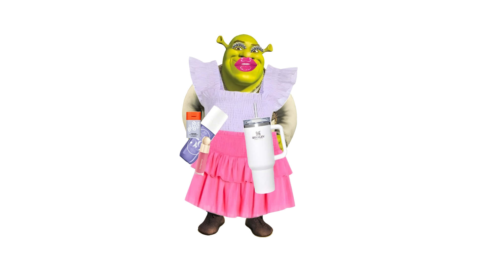 Shrek, pink ruffled skirt, purple top, Full HD Desktop Wallpaper
