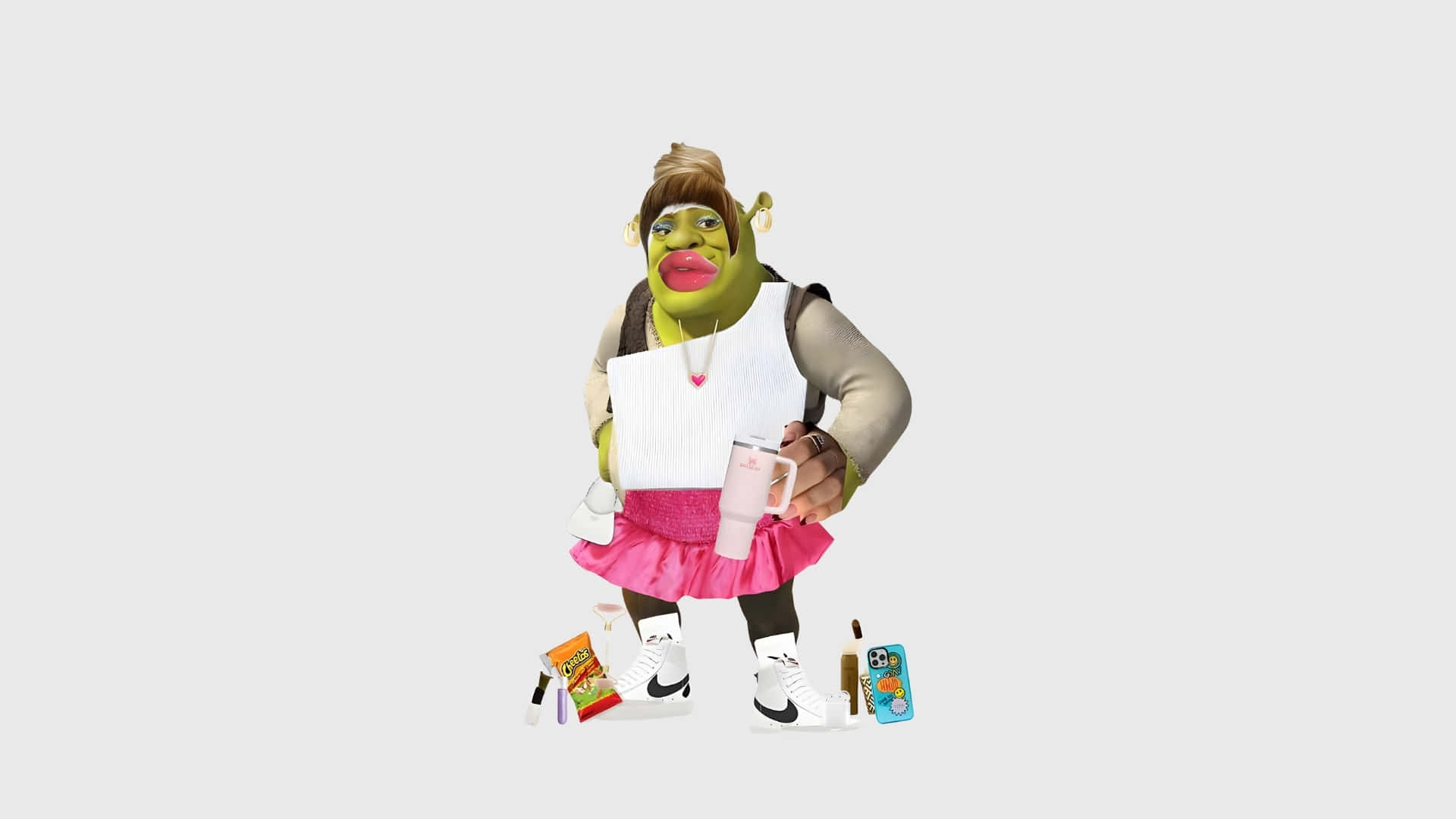 Shrek, pink tutu, white sweater, Full HD Desktop Wallpaper