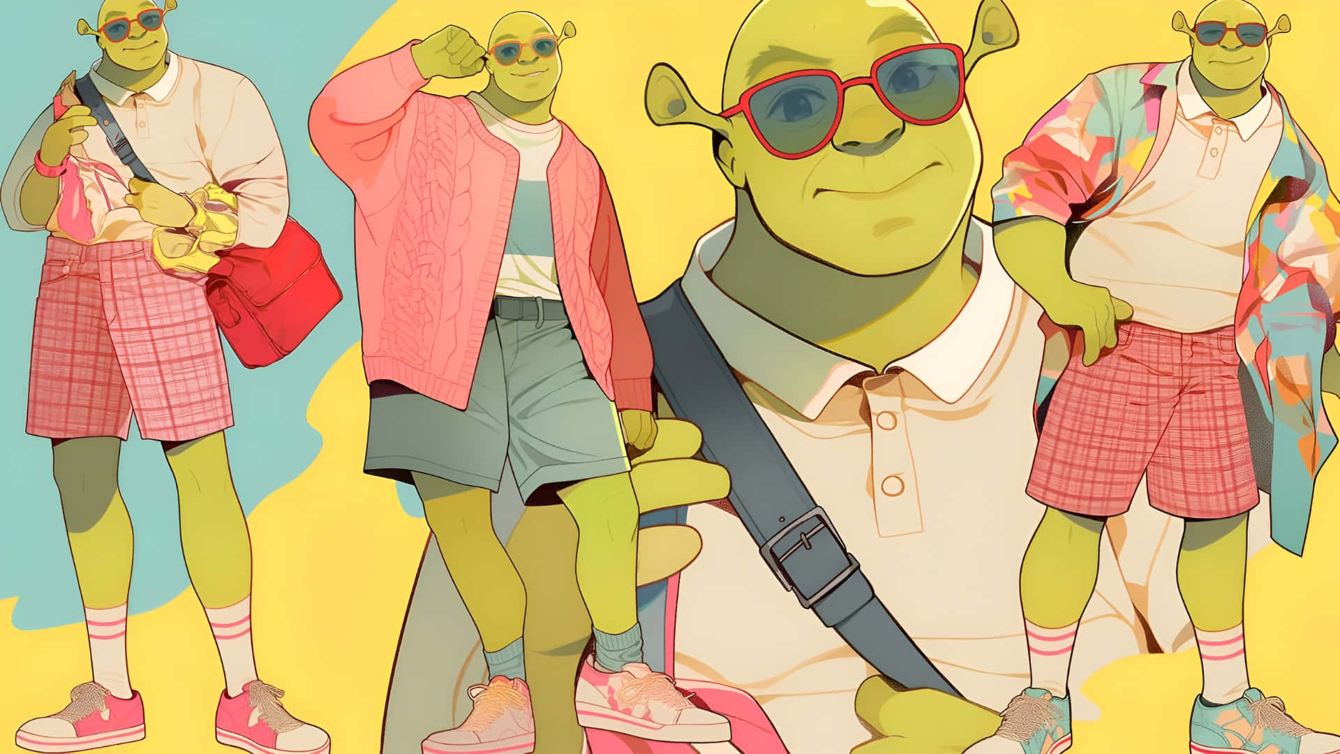 Preppy Shrek, Shrek, bright yellow background, Full HD Desktop Wallpaper