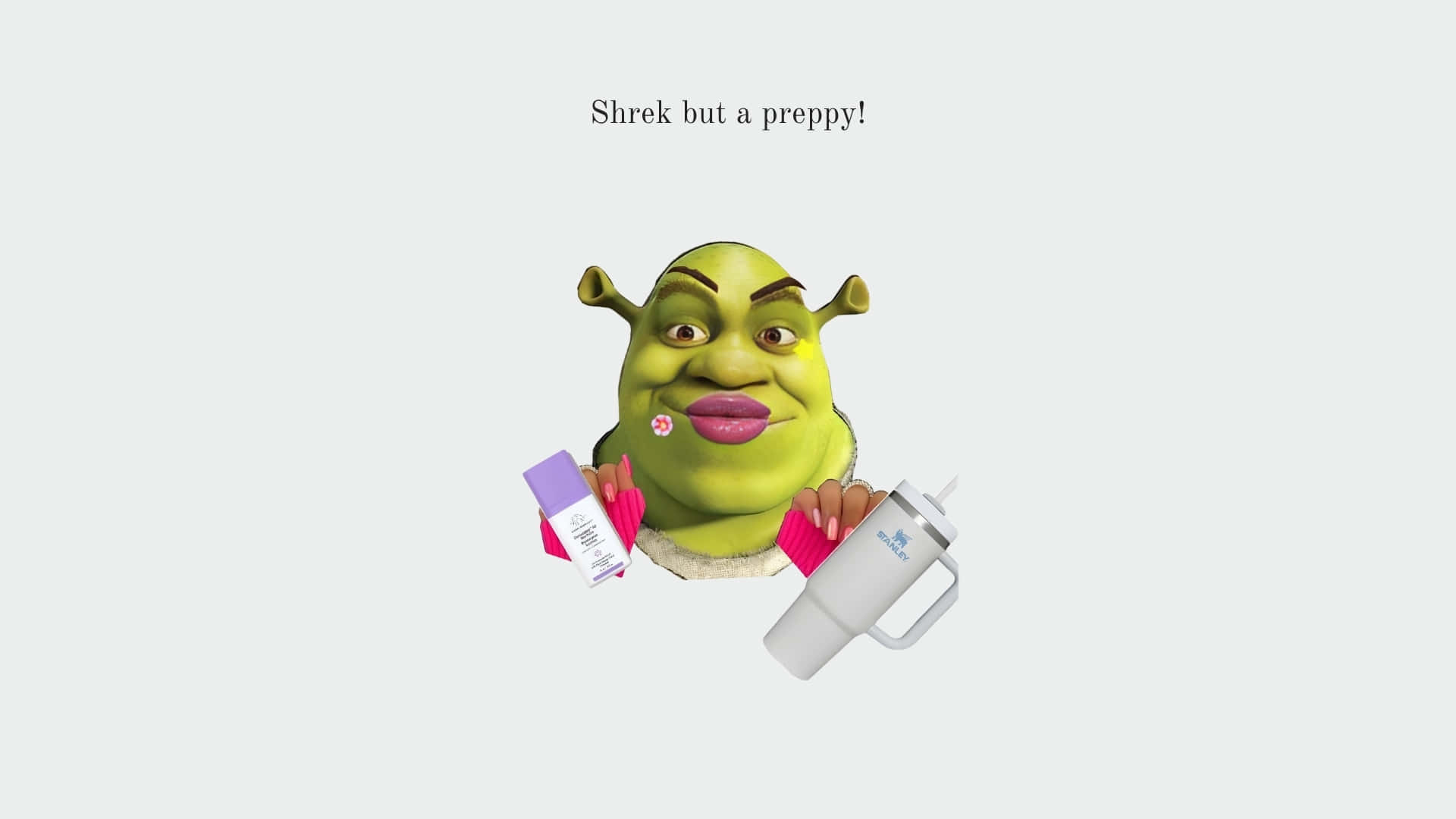 Preppy Shrek, pink nails, white travel mug, Full HD Desktop Wallpaper