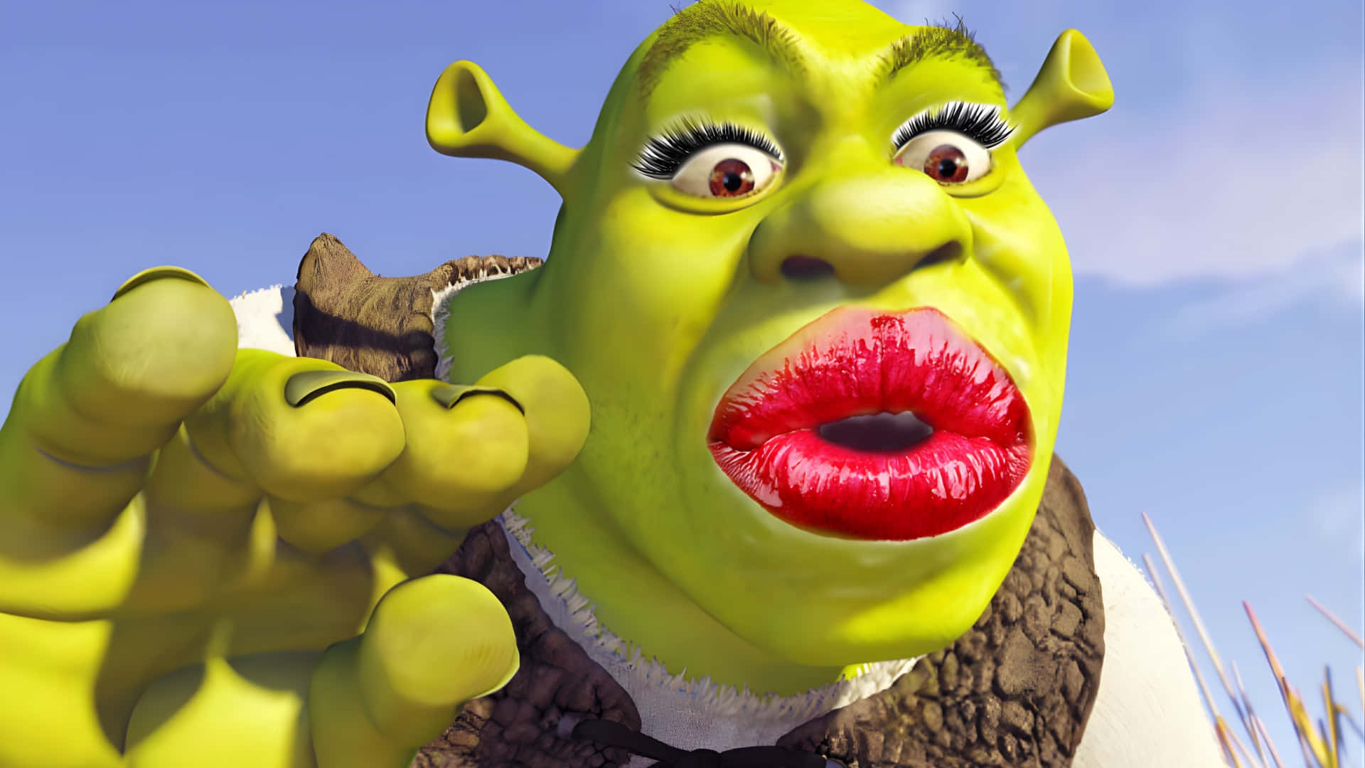 Preppy Shrek, bold makeup, red lips, Full HD Desktop Wallpaper