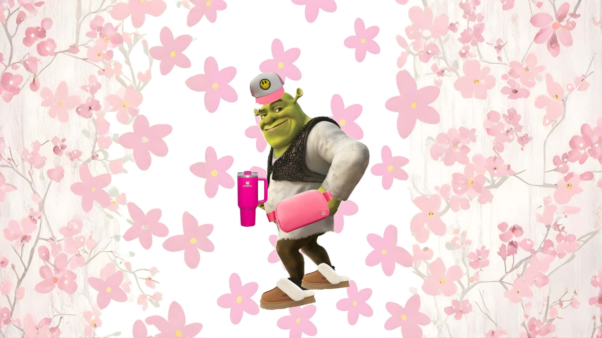 Preppy Shrek, pink thermos, bag, Full HD Desktop Wallpaper