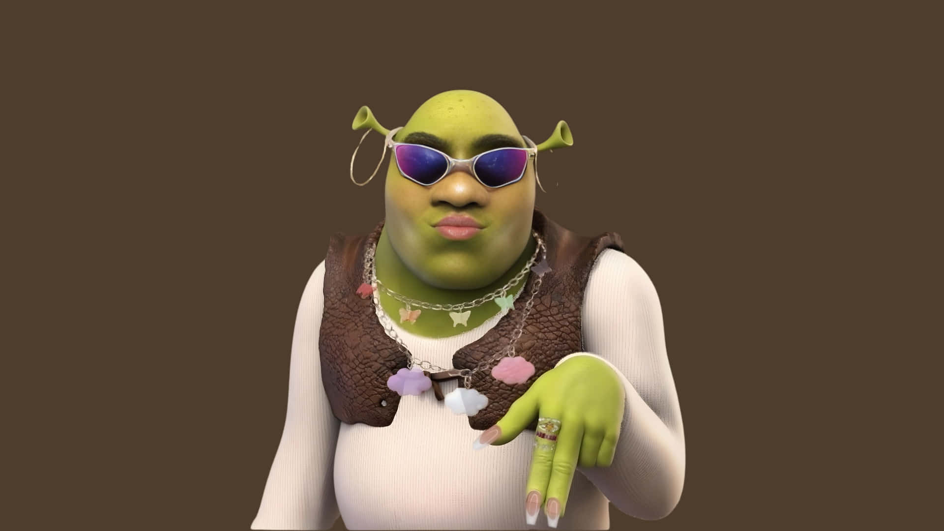 Preppy Shrek, purple sunglasses, brown vest, Full HD Desktop Wallpaper