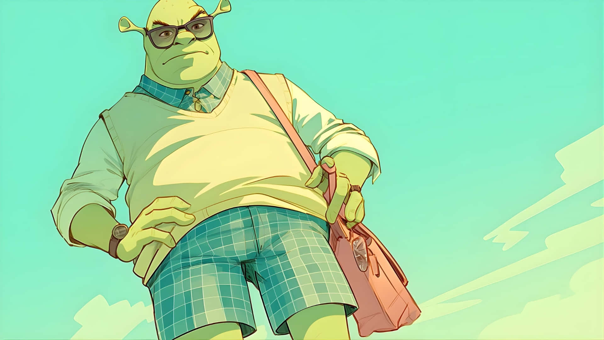 Preppy Shrek, plaid shorts, sweater, Full HD Desktop Wallpaper