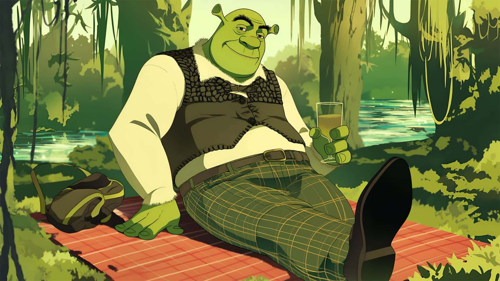 Preppy Shrek, red picnic blanket, lush swamp, Full HD Desktop Wallpaper