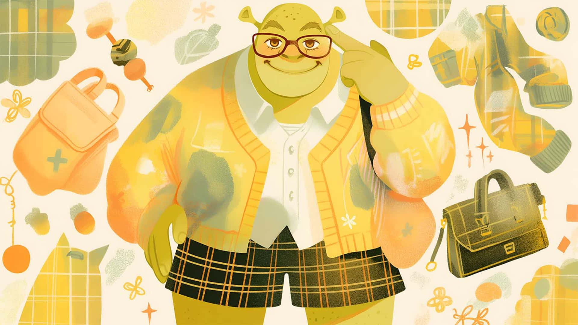 Shrek, yellow cardigan, plaid shorts, Full HD Desktop Wallpaper