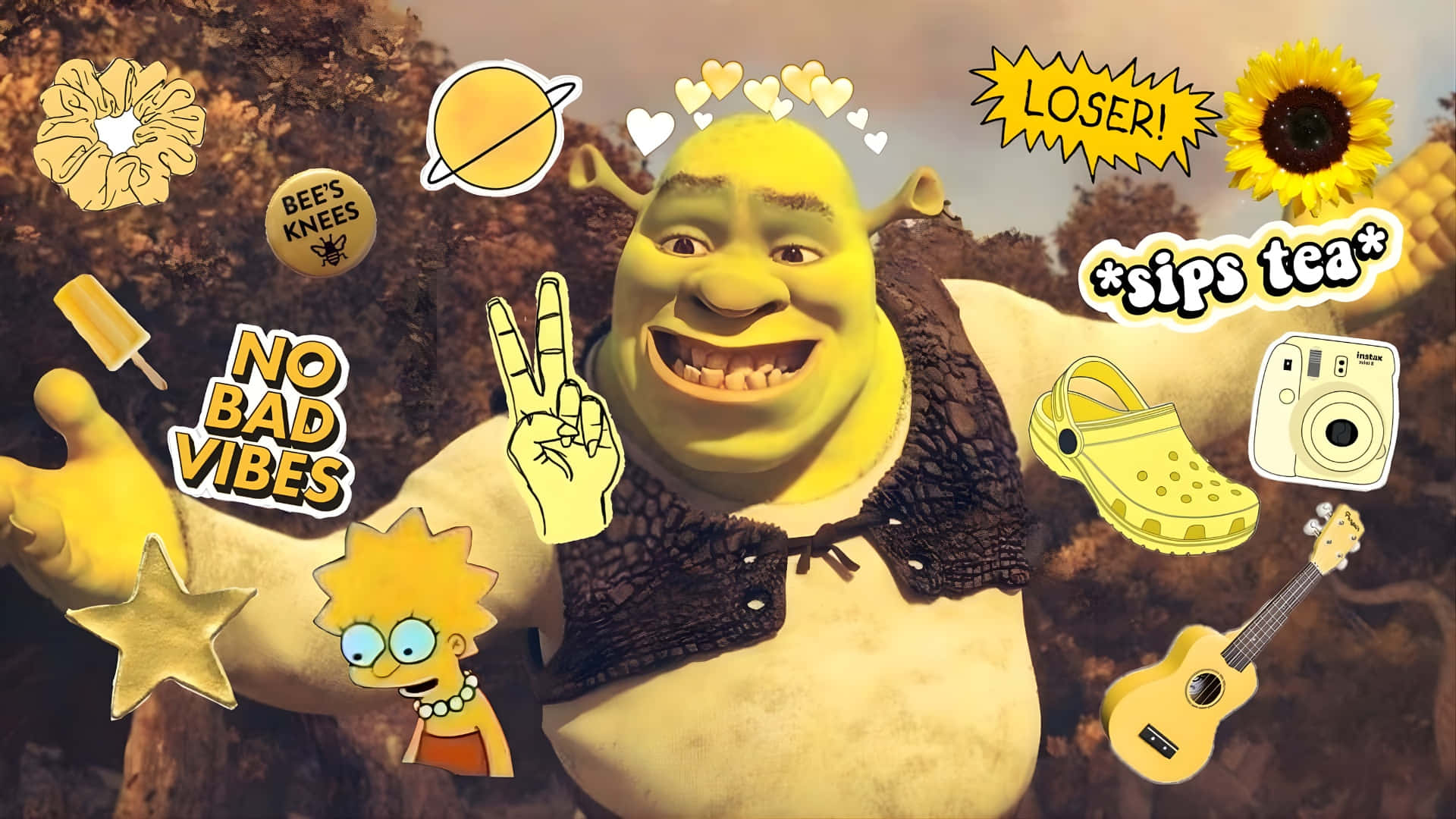 Shrek, yellow stickers, sunflower, Full HD Desktop Wallpaper