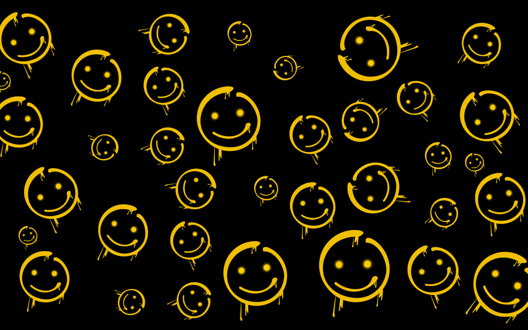 Golden hand-drawn smiley faces, drips, black background, HD Desktop Wallpaper