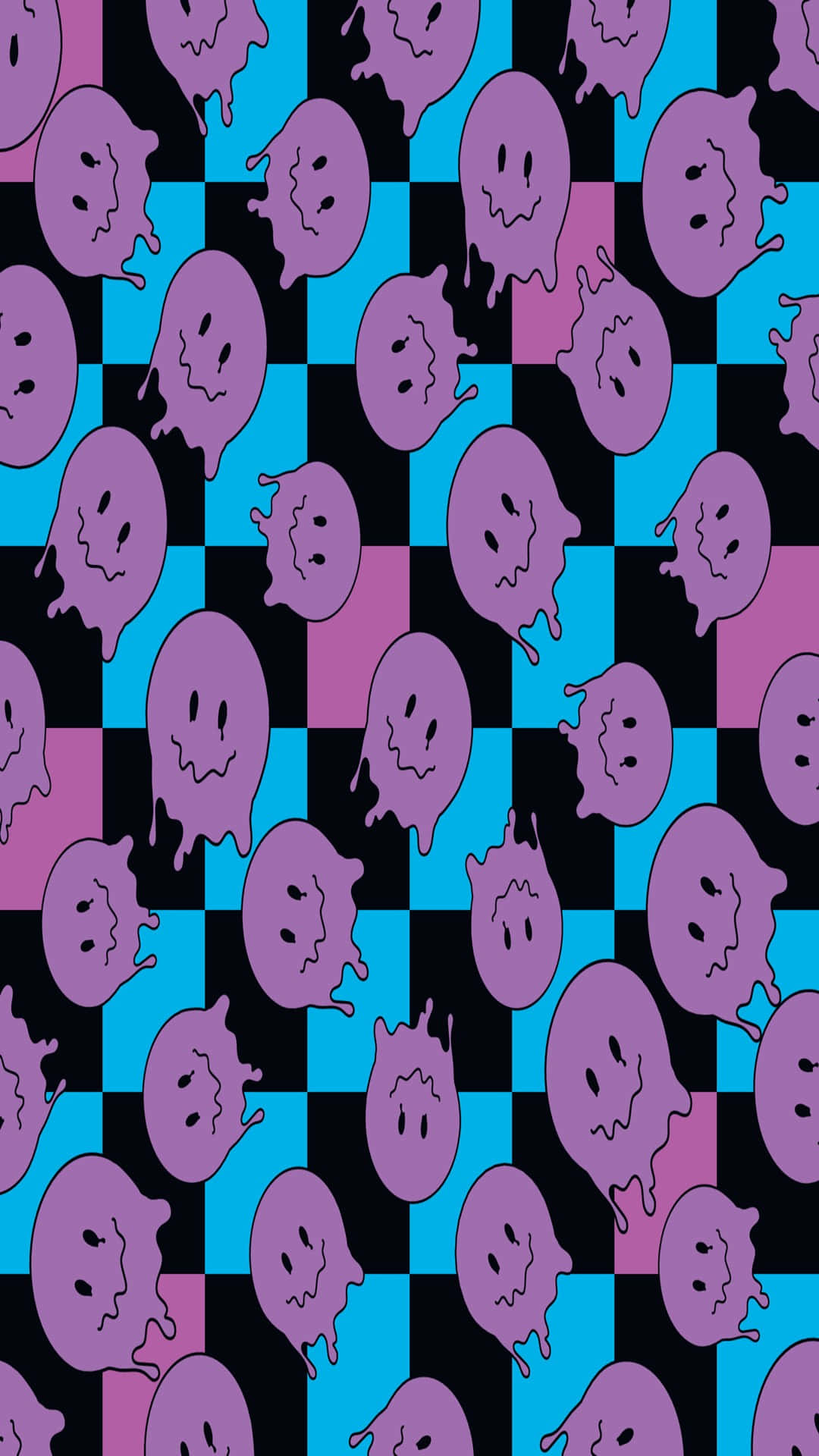 Trippy Smiley Face Pattern, purple dripping smiley ghosts, black cyan and magenta squares, Full HD Phone Wallpaper