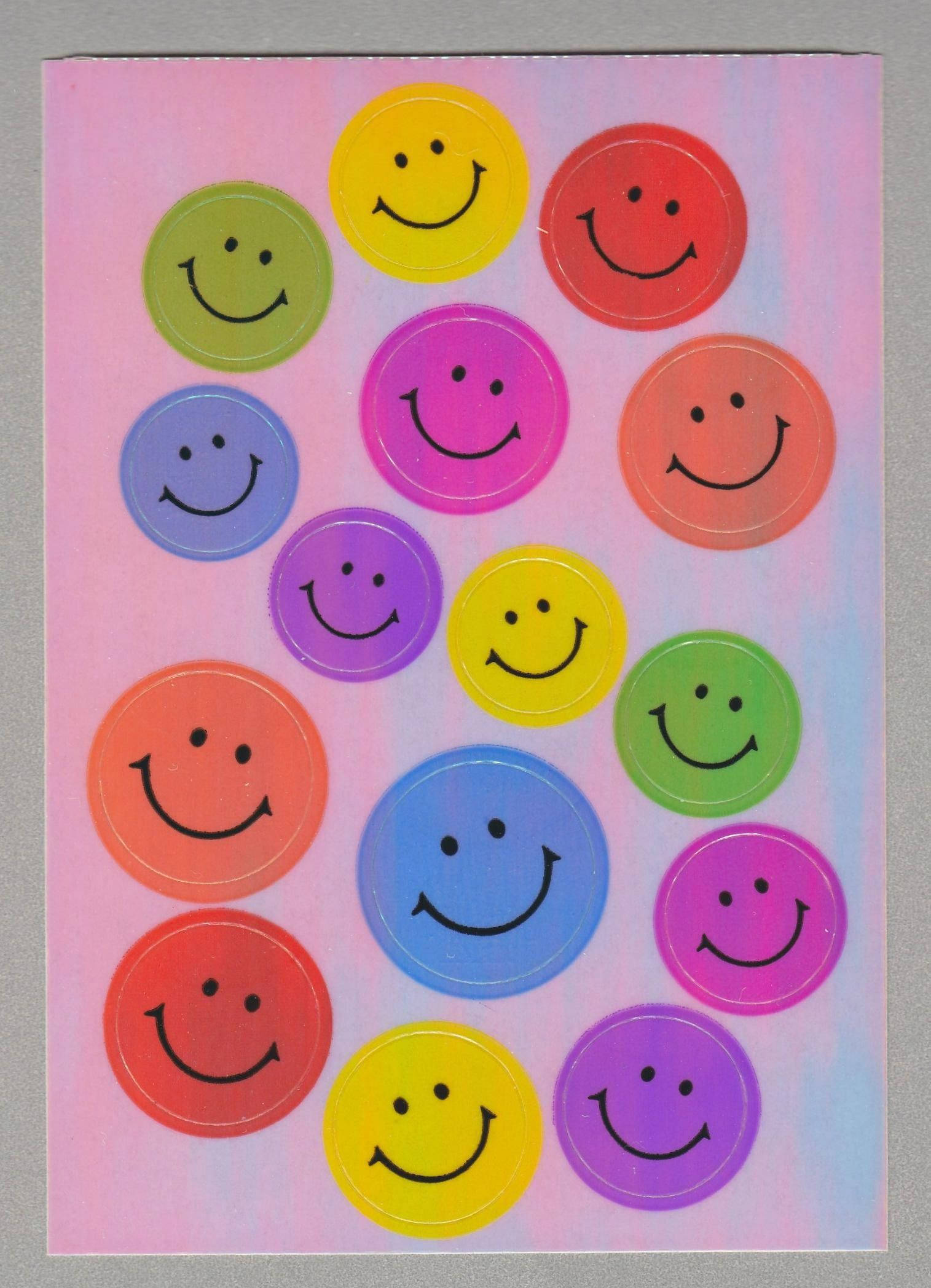 Preppy Smiley Face Colorful Frame, colorful circular smiley face stickers, soft pink and blue gradient background, Full HD Phone Wallpaper