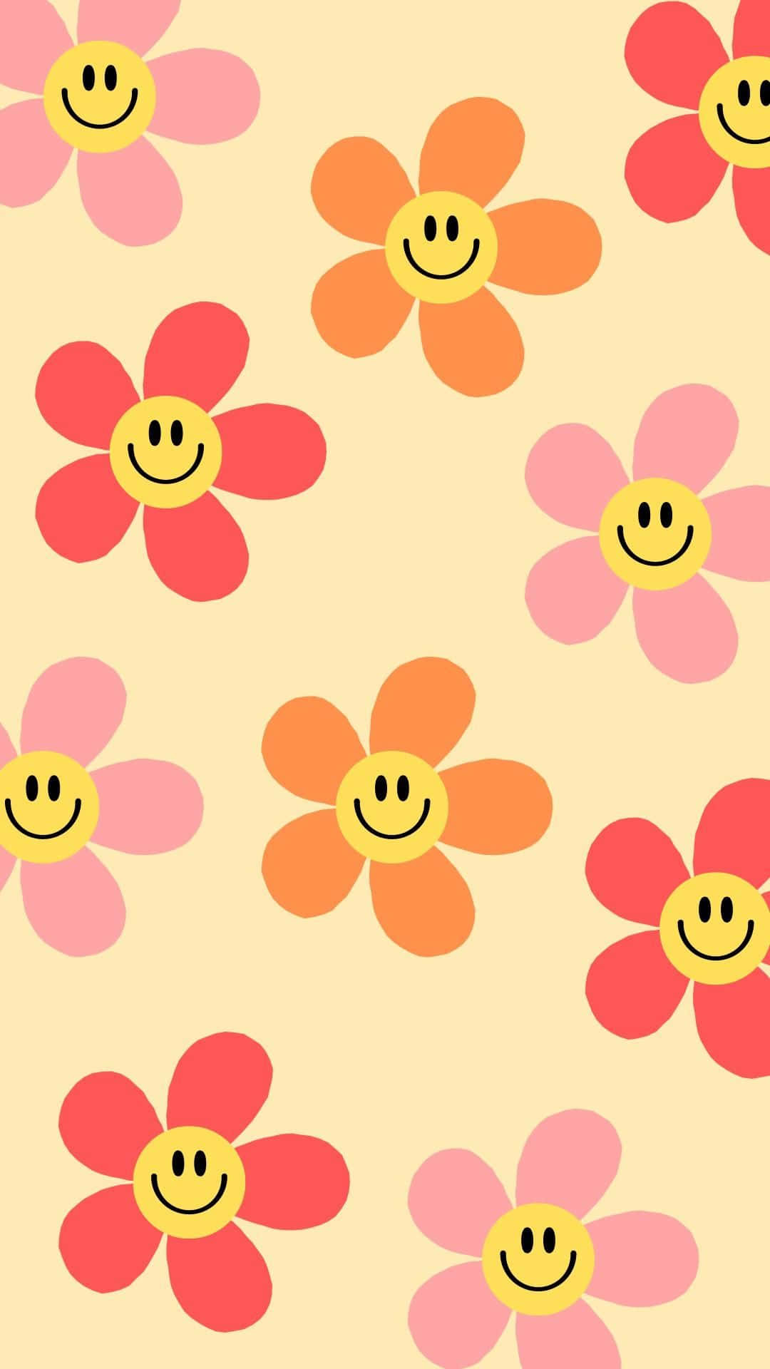 smiley flower pattern, pink orange and red, pale yellow background, Full HD Phone Wallpaper