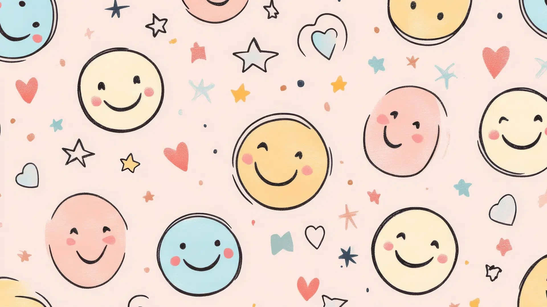Preppy Smiley Pattern Aesthetic, colorful hand-drawn smiling faces, hearts, Full HD Desktop Wallpaper