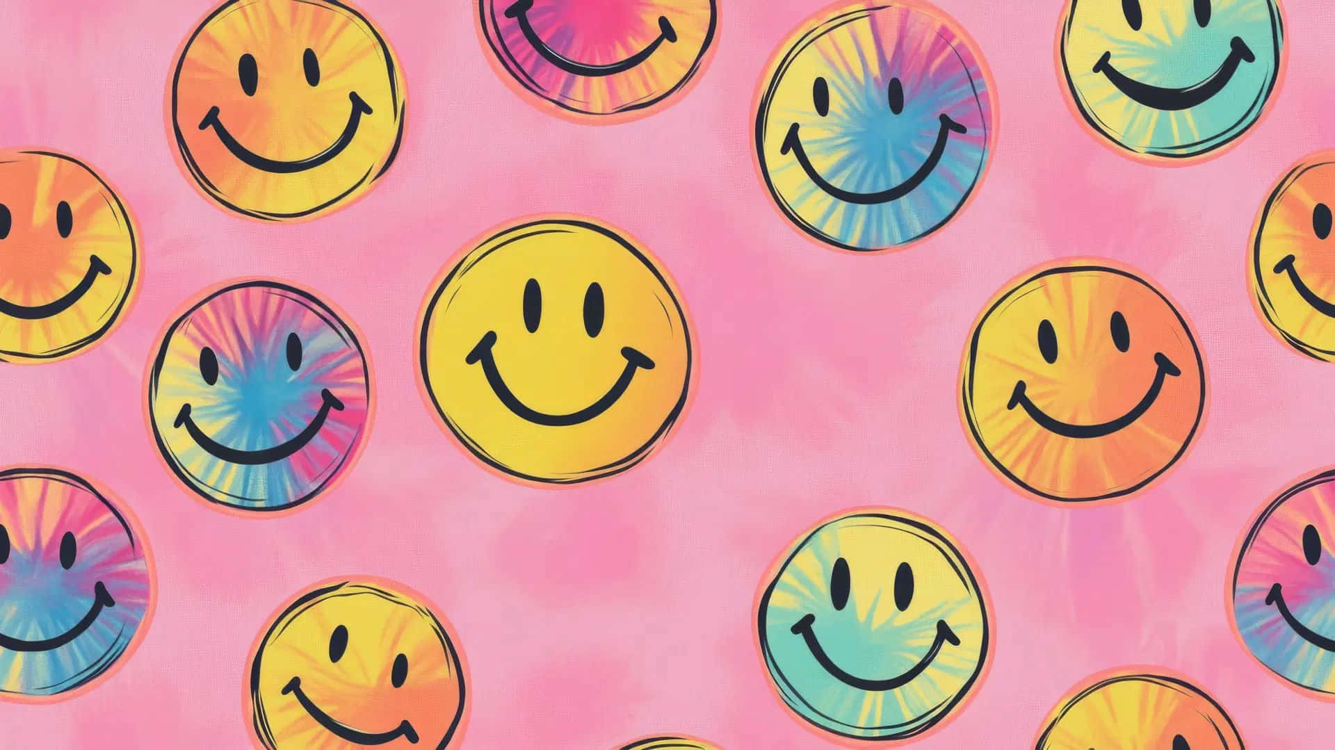 colorful smiley faces pattern, rainbow hues, soft pink background, Full HD Desktop Wallpaper